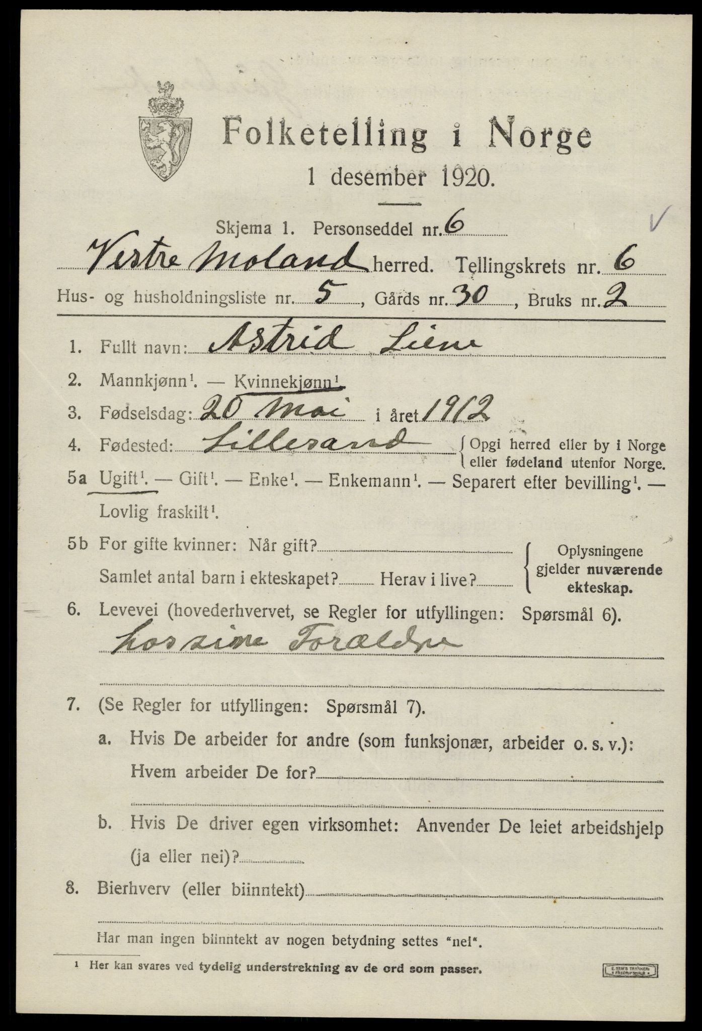 SAK, 1920 census for Vestre Moland, 1920, p. 4639