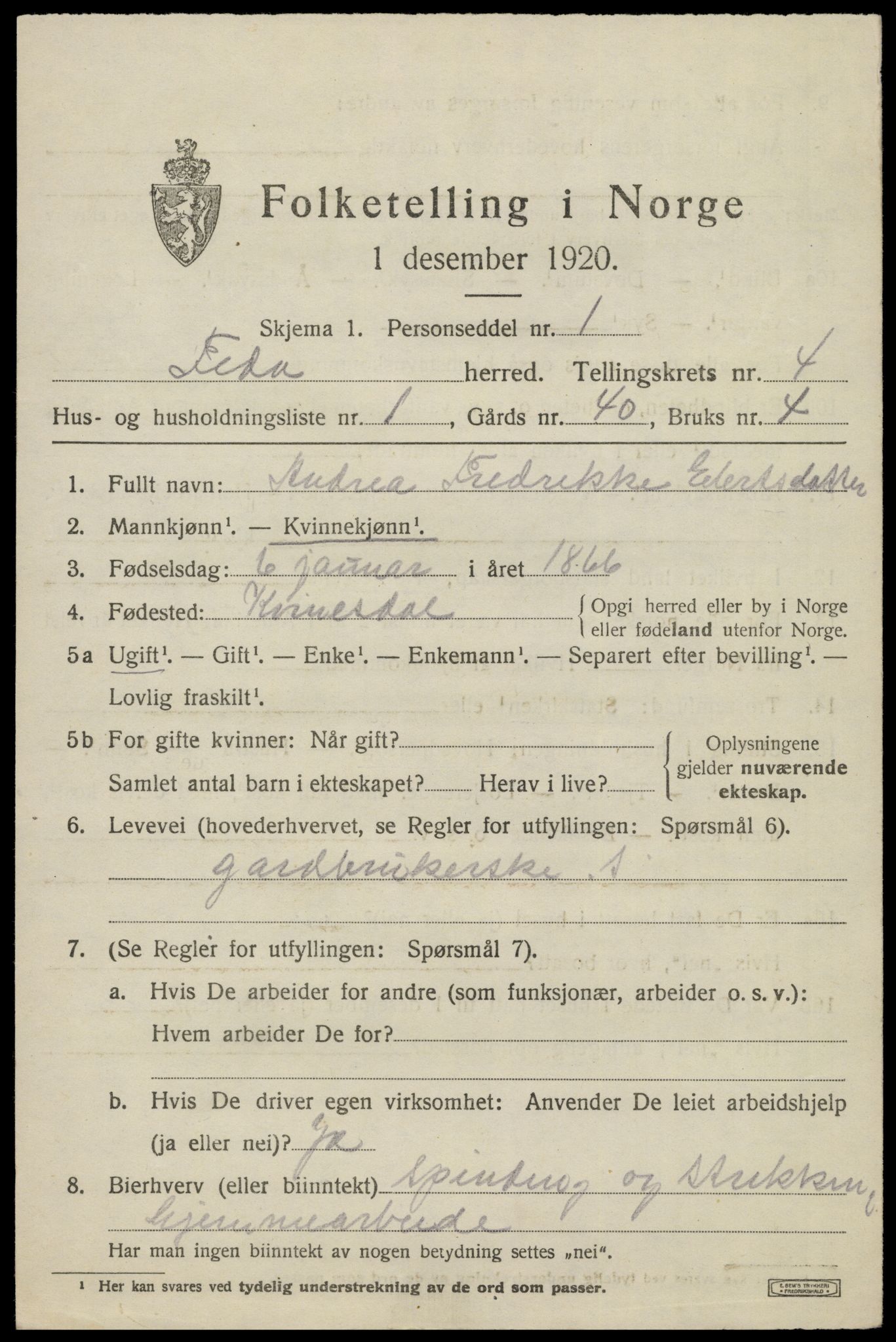 SAK, 1920 census for Feda, 1920, p. 1833