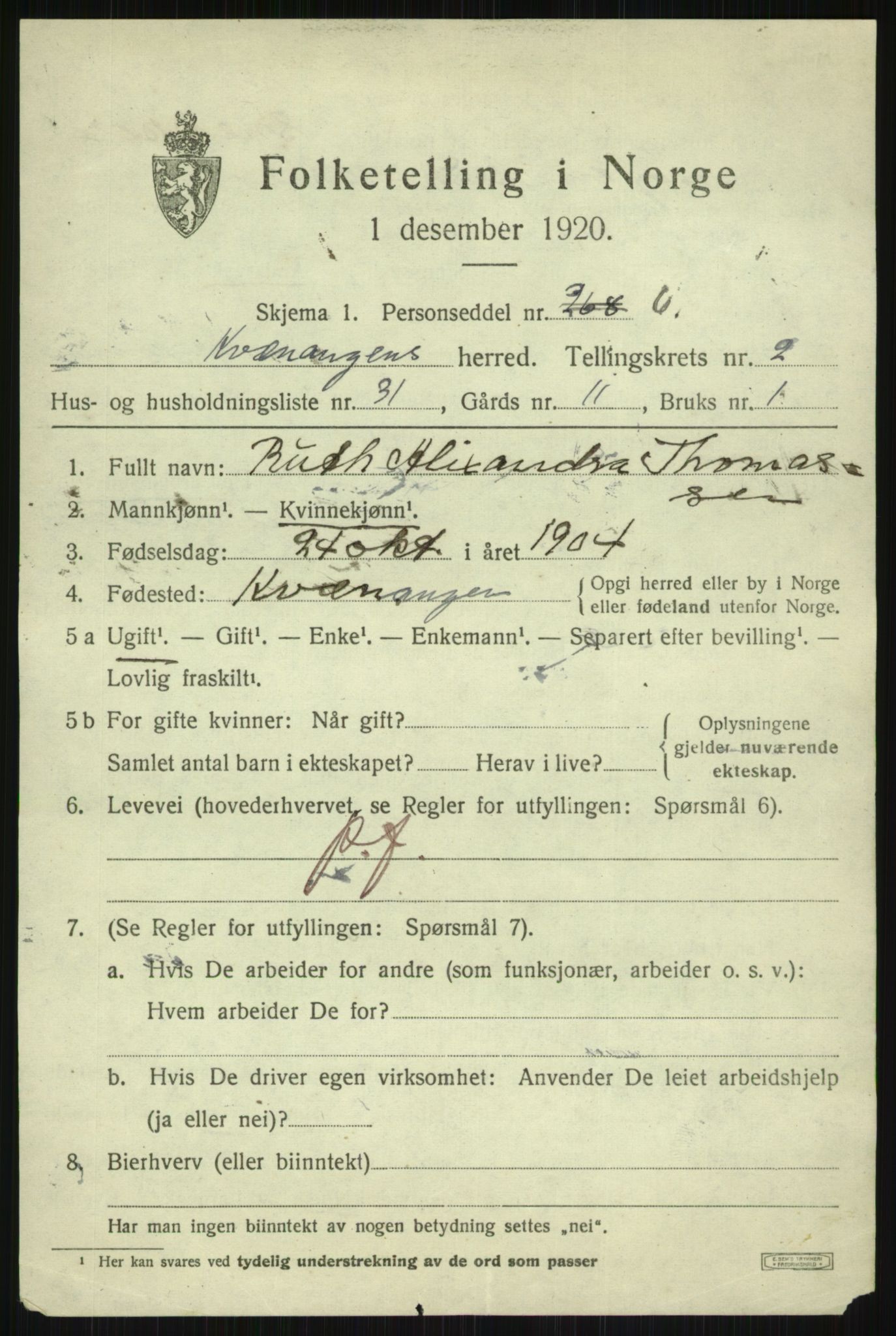 SATØ, 1920 census for Kvænangen, 1920, p. 1750