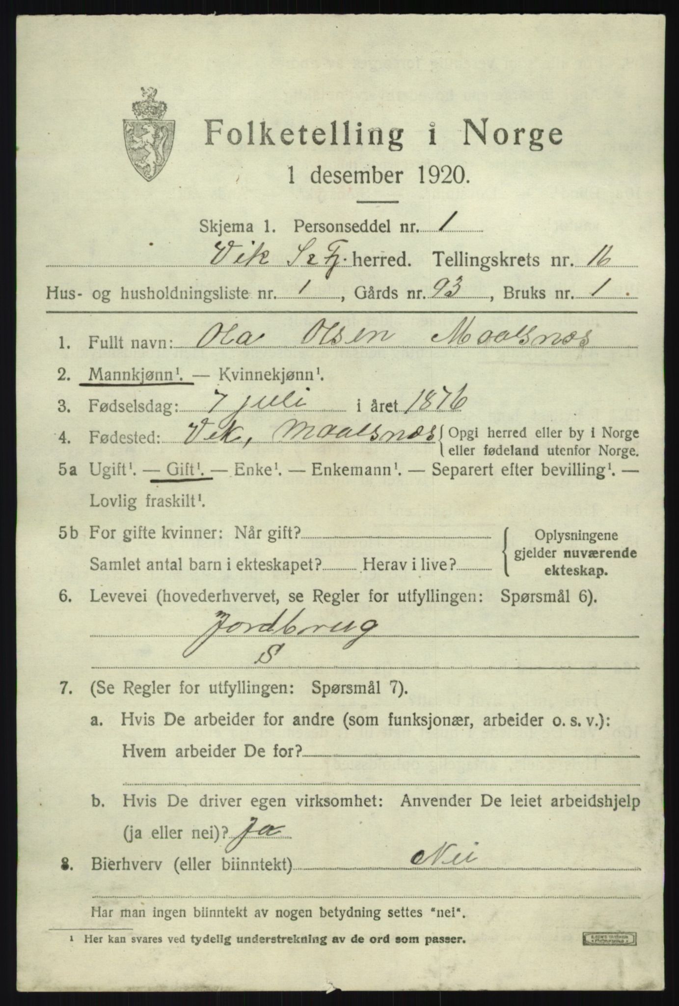 SAB, 1920 census for Vik, 1920, p. 8079