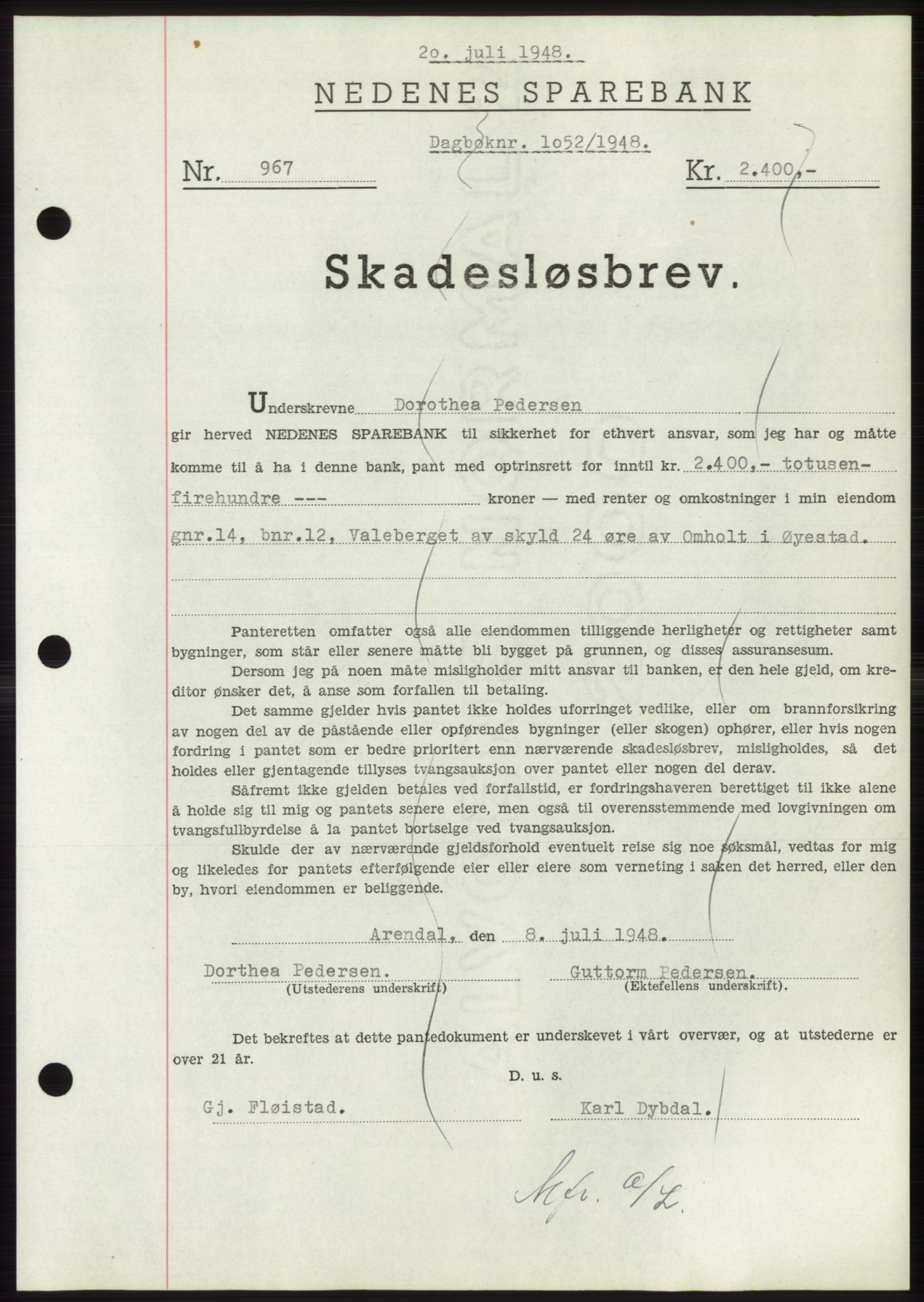 Nedenes sorenskriveri, AV/SAK-1221-0006/G/Gb/Gbb/L0005: Mortgage book no. B5, 1948-1948, Diary no: : 1052/1948