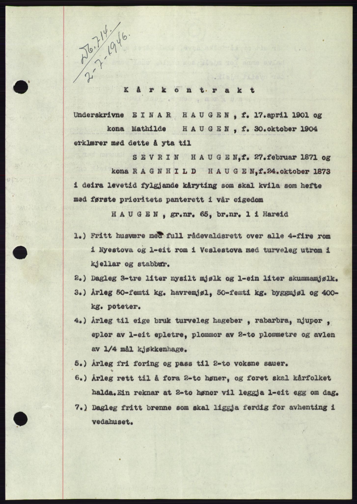 Søre Sunnmøre sorenskriveri, AV/SAT-A-4122/1/2/2C/L0114: Mortgage book no. 1-2B, 1943-1947, Diary no: : 714/1946