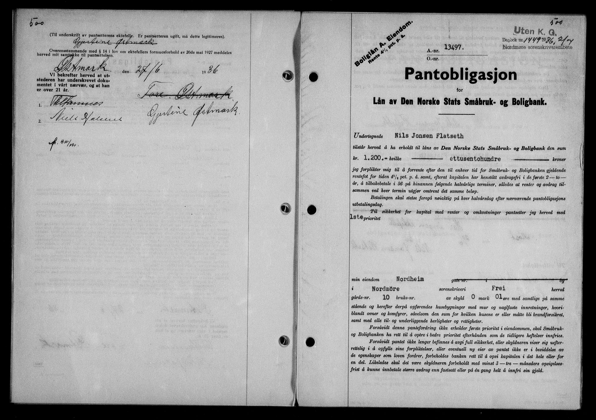 Nordmøre sorenskriveri, AV/SAT-A-4132/1/2/2Ca/L0088: Mortgage book no. 78, 1936-1936, Diary no: : 1449/1936