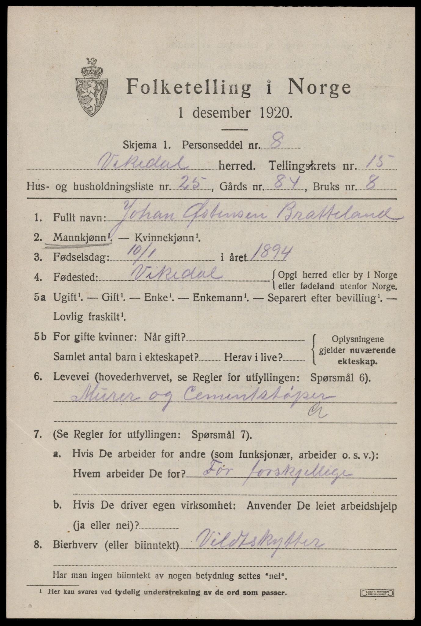 SAST, 1920 census for Vikedal, 1920, p. 4773