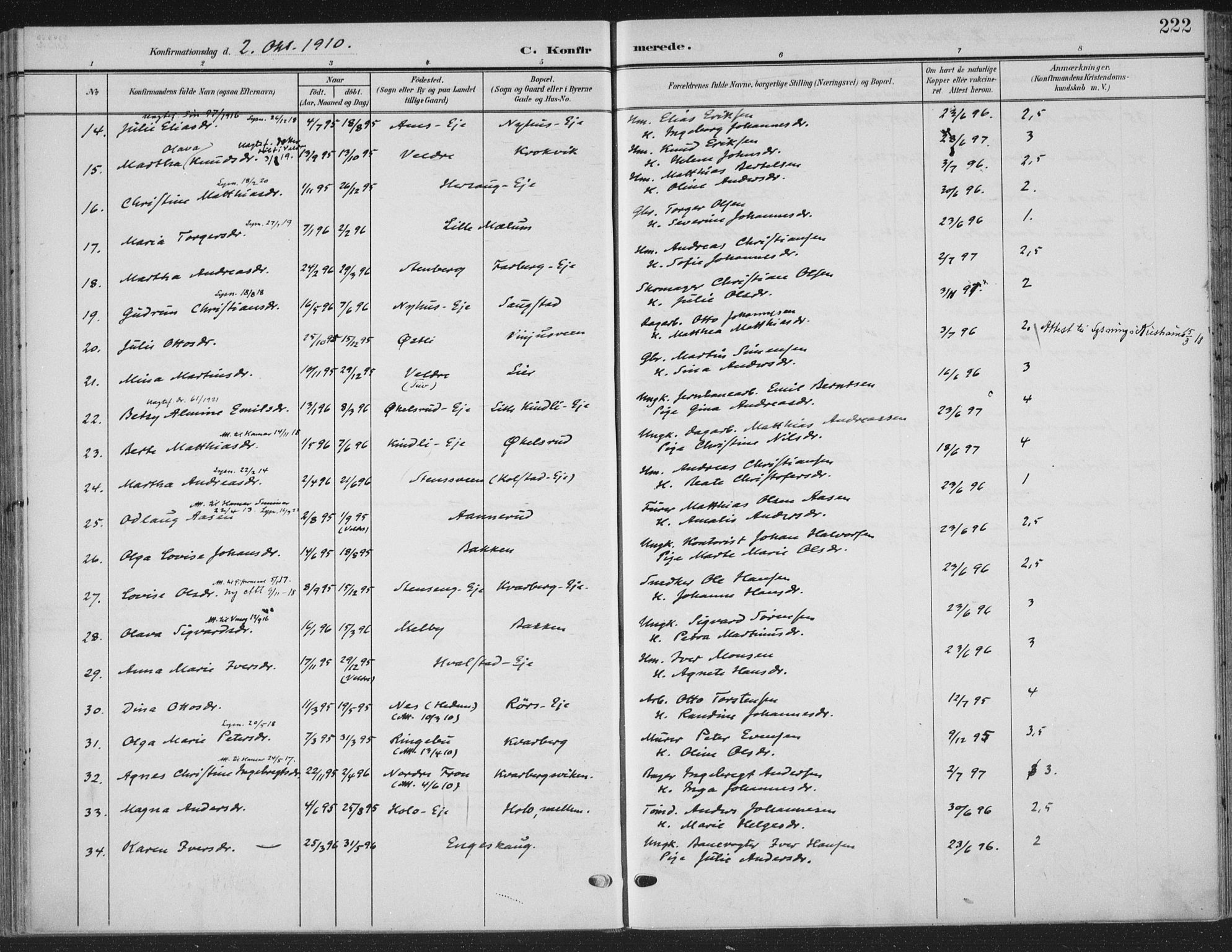 Ringsaker prestekontor, SAH/PREST-014/K/Ka/L0018: Parish register (official) no. 18, 1903-1912, p. 222
