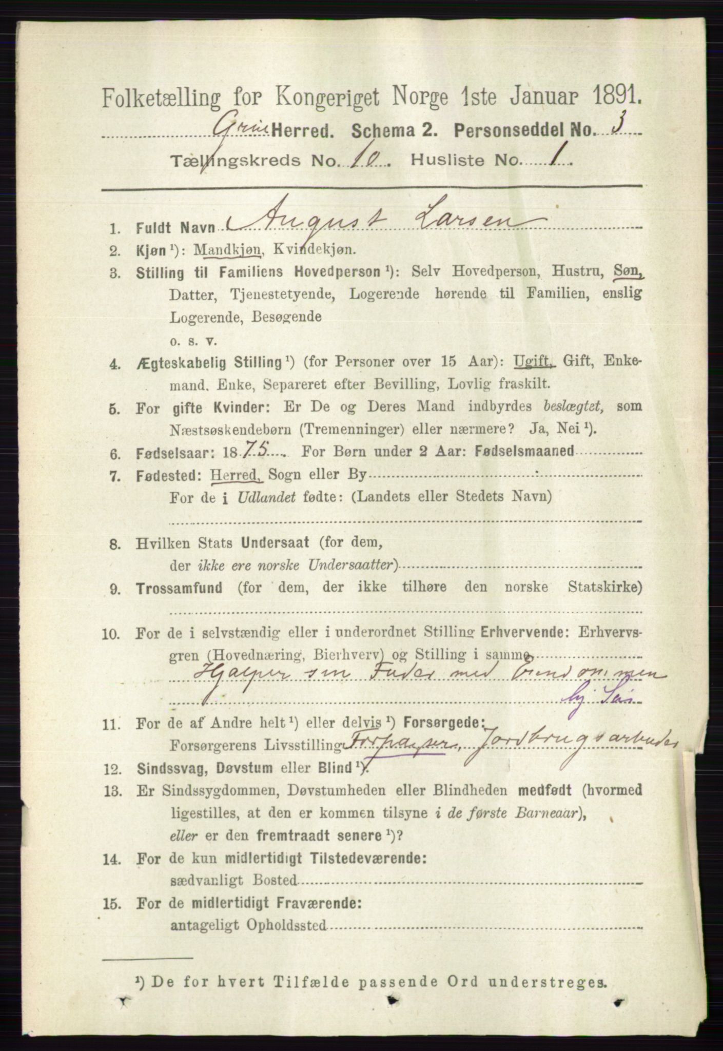 RA, 1891 census for 0423 Grue, 1891, p. 5365