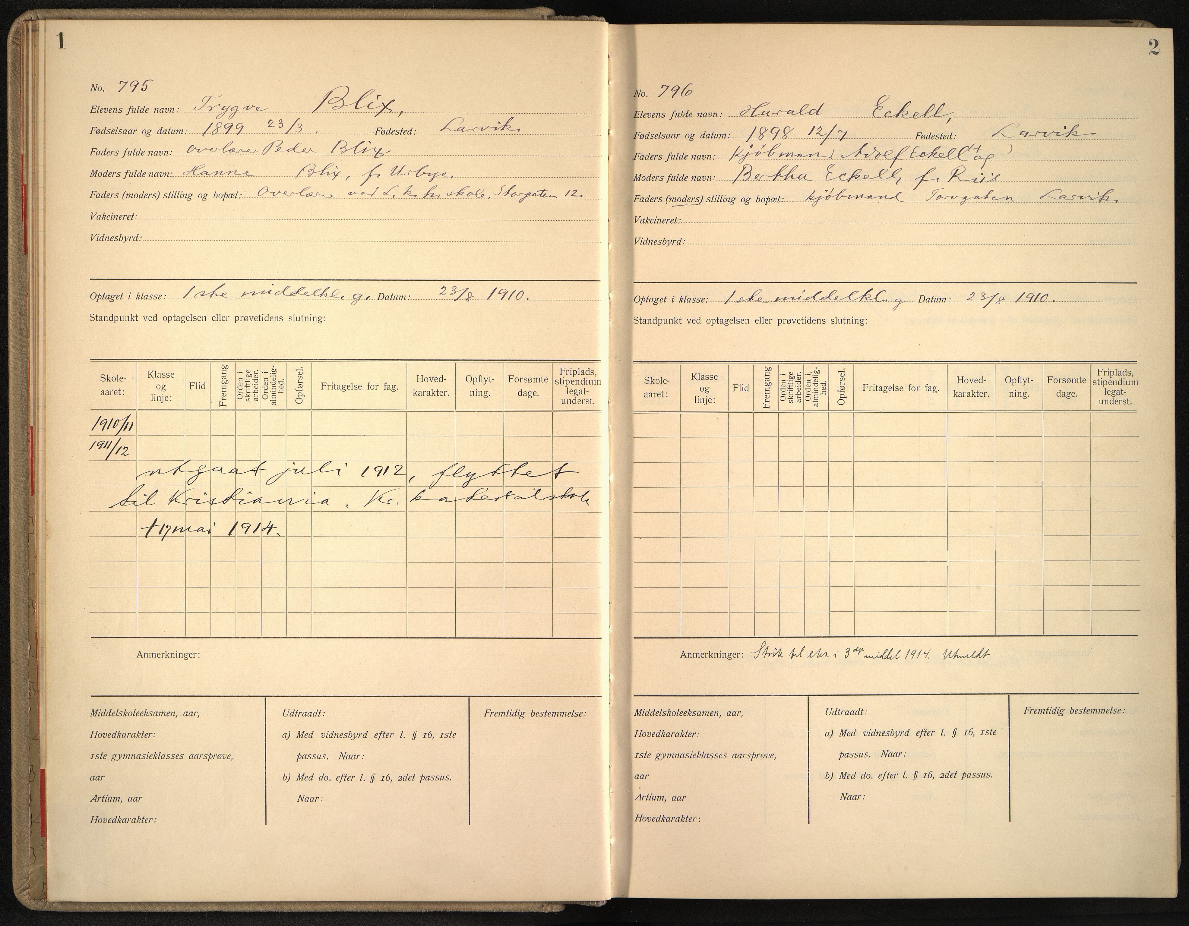 Vestfold fylkeskommune. Thor Heyerdahl videregående skole før 2004, VEMU/A-1120/G/L0008: Manntallsprotokoll med karakterer i orden og oppførsel, 1910-1916, p. 1-2