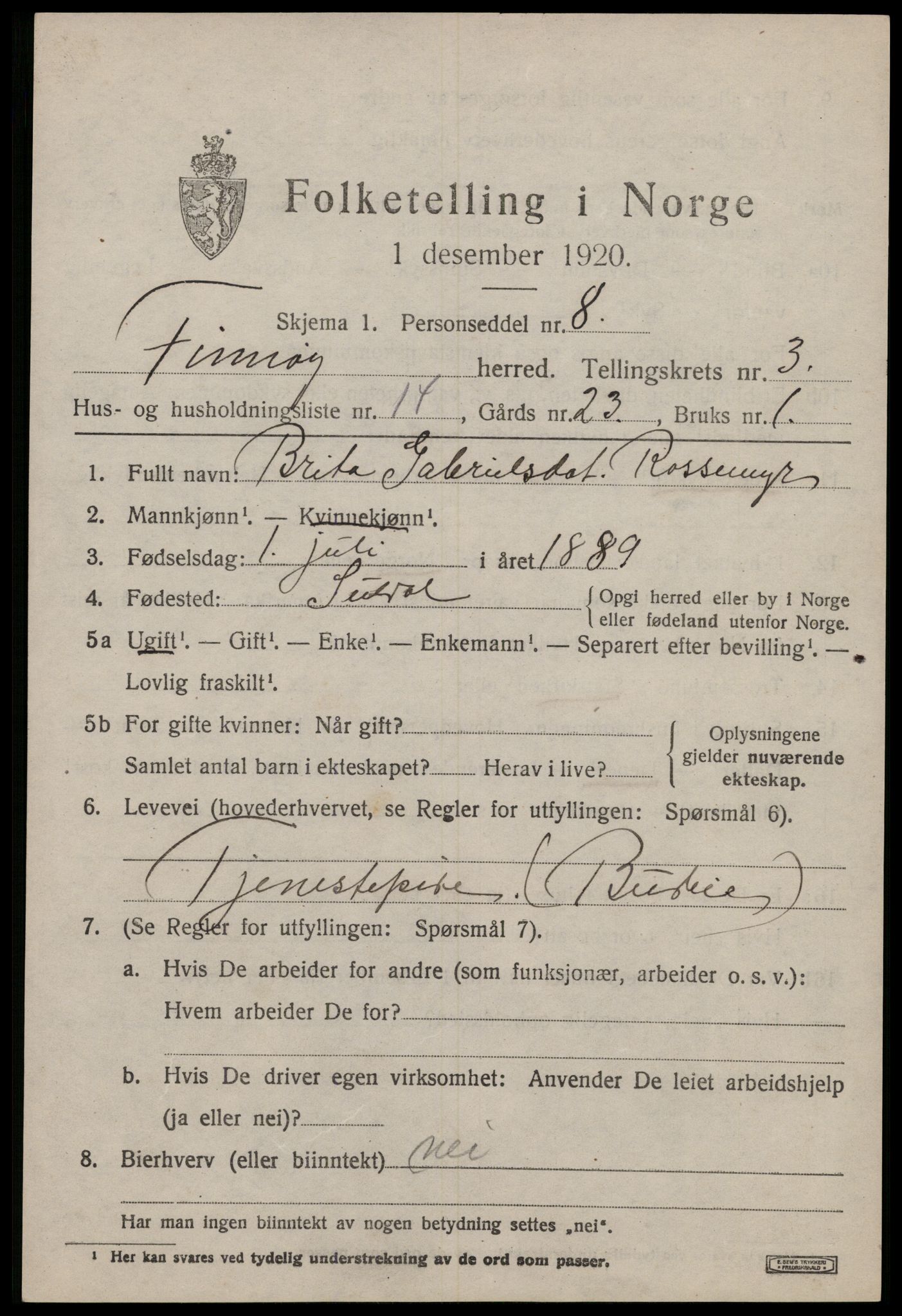 SAST, 1920 census for Finnøy, 1920, p. 2340