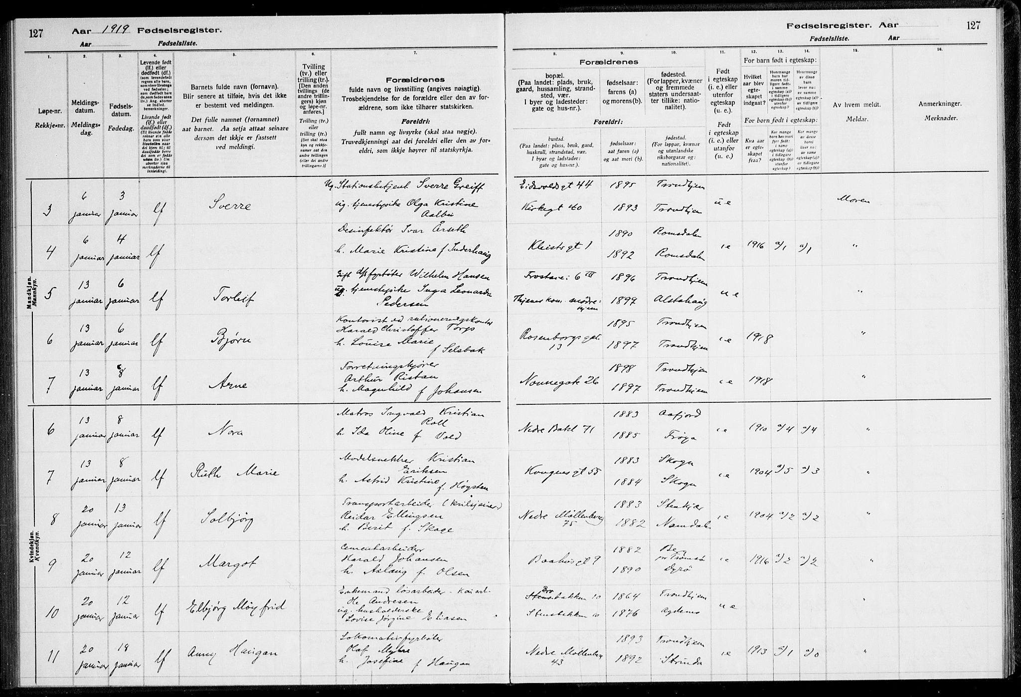 Ministerialprotokoller, klokkerbøker og fødselsregistre - Sør-Trøndelag, SAT/A-1456/600/L0002: Birth register no. 600.II.4.1, 1916-1920, p. 127
