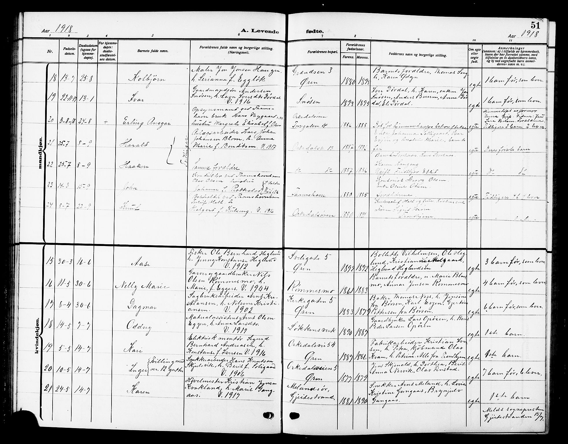 Ministerialprotokoller, klokkerbøker og fødselsregistre - Sør-Trøndelag, AV/SAT-A-1456/669/L0831: Parish register (copy) no. 669C01, 1909-1924, p. 51