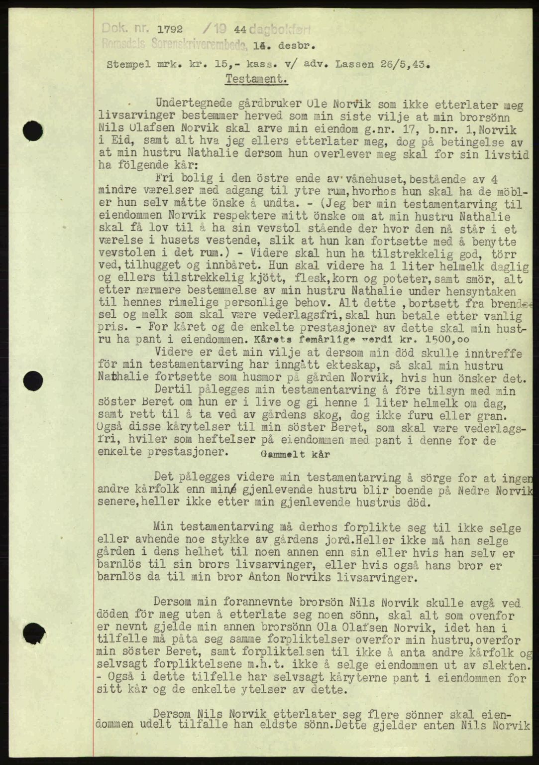 Romsdal sorenskriveri, AV/SAT-A-4149/1/2/2C: Mortgage book no. A17, 1944-1945, Diary no: : 1792/1944