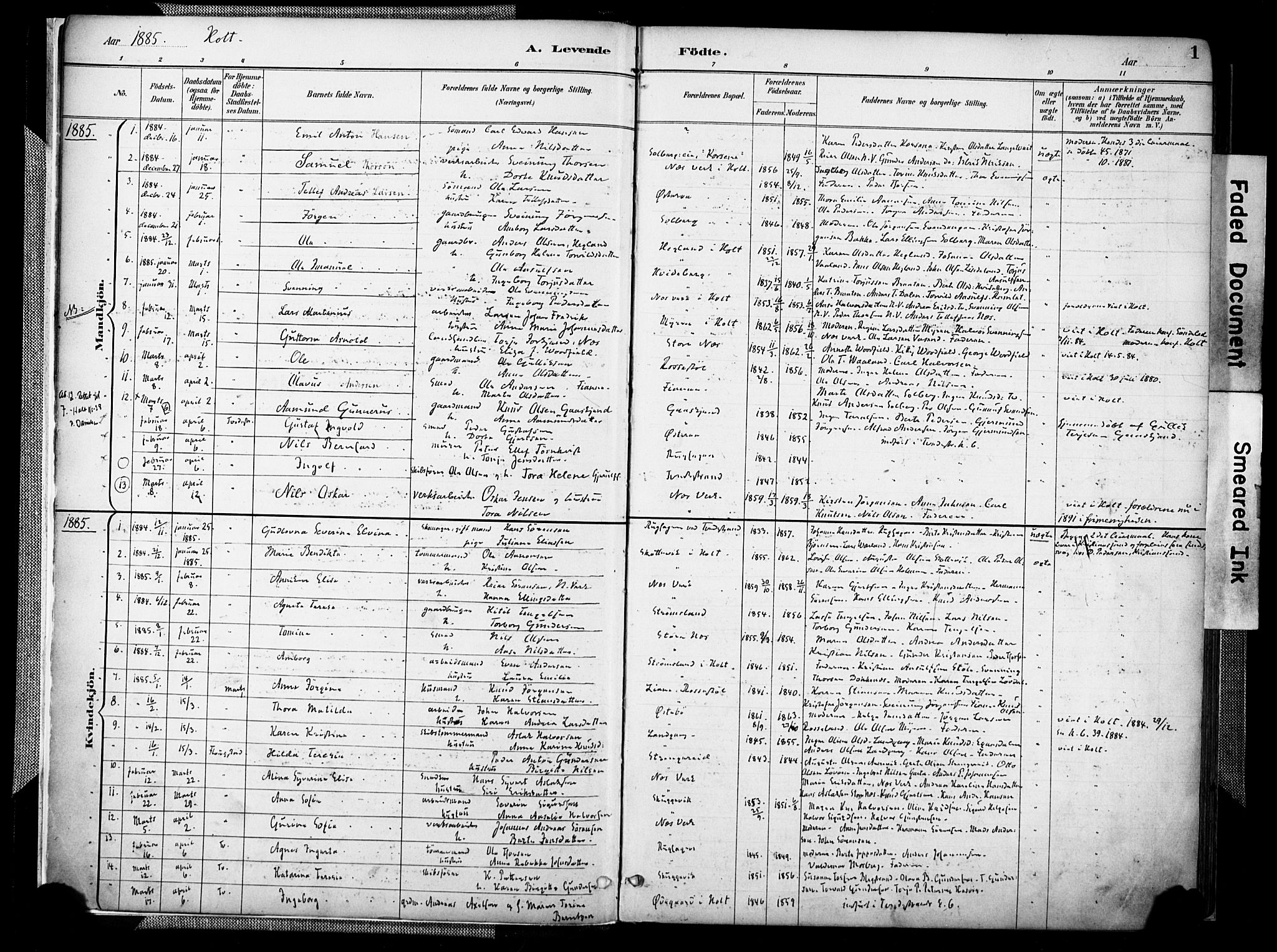 Holt sokneprestkontor, AV/SAK-1111-0021/F/Fa/L0012: Parish register (official) no. A 12, 1885-1907, p. 1