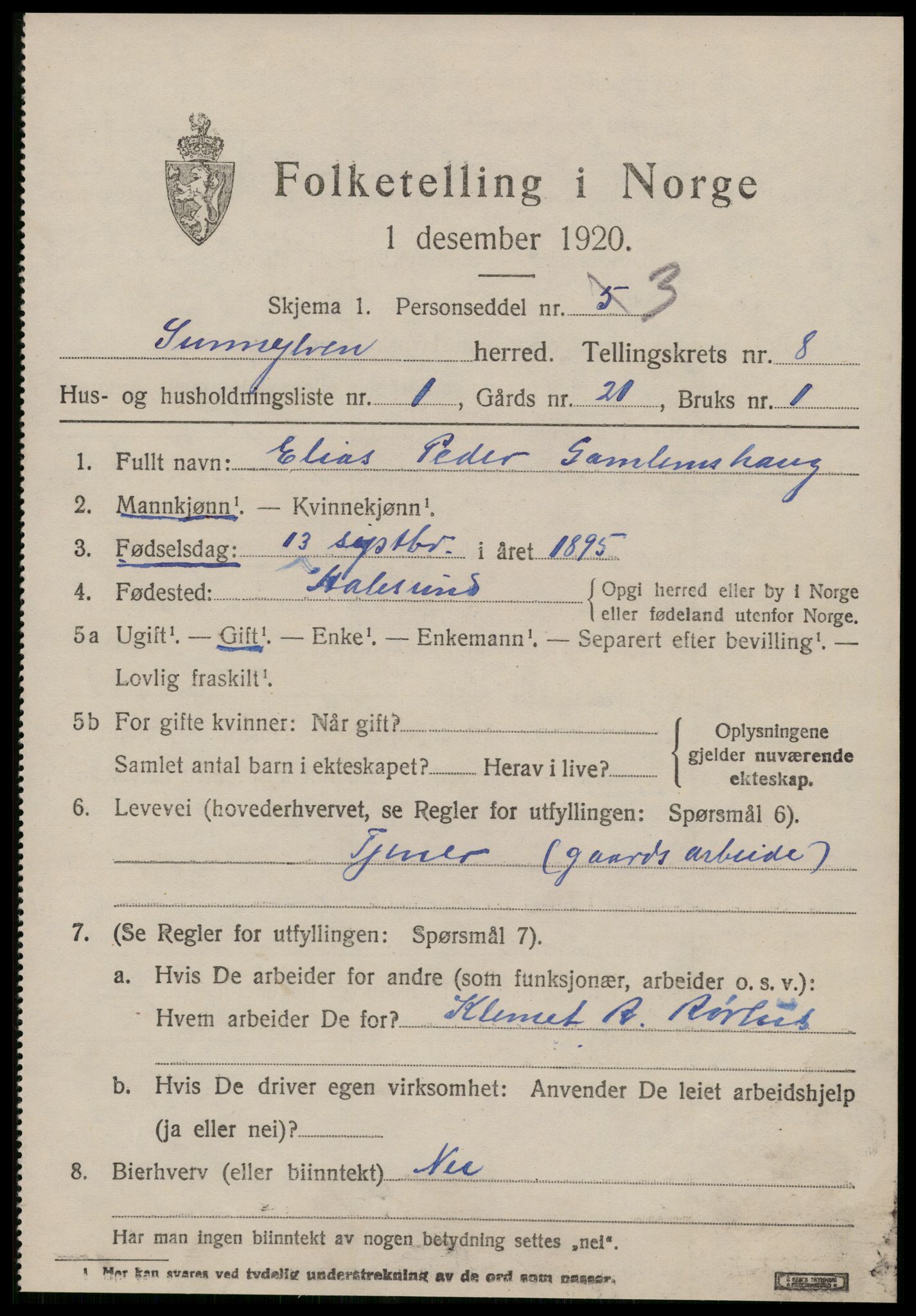 SAT, 1920 census for Sunnylven, 1920, p. 2778