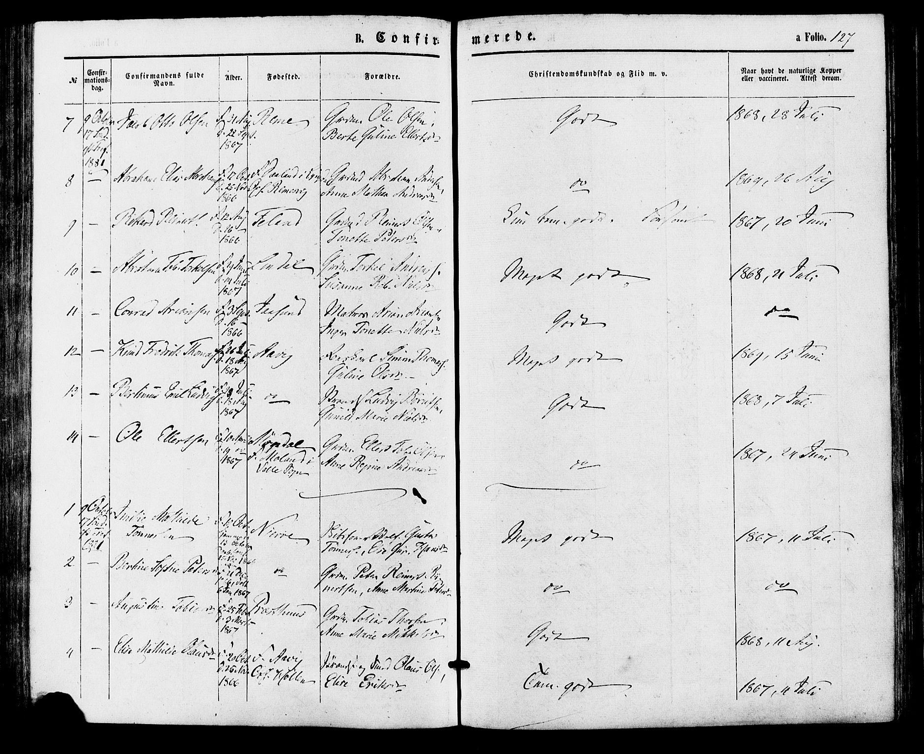 Sør-Audnedal sokneprestkontor, SAK/1111-0039/F/Fa/Faa/L0003: Parish register (official) no. A 3, 1868-1883, p. 127