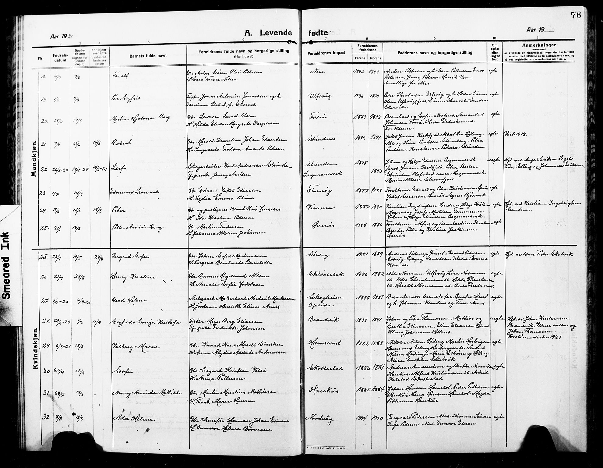 Ministerialprotokoller, klokkerbøker og fødselsregistre - Nordland, AV/SAT-A-1459/859/L0861: Parish register (copy) no. 859C07, 1910-1925, p. 76