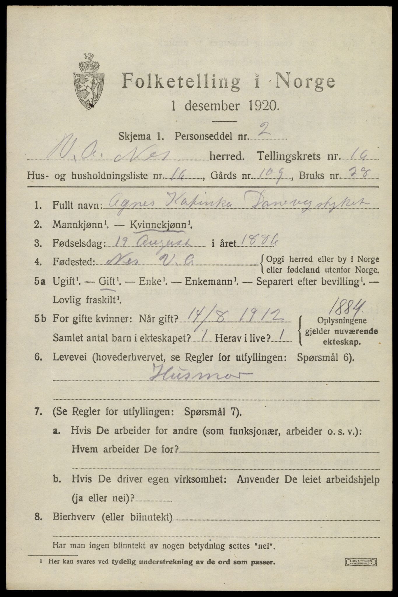 SAK, 1920 census for Nes (V-A), 1920, p. 5906