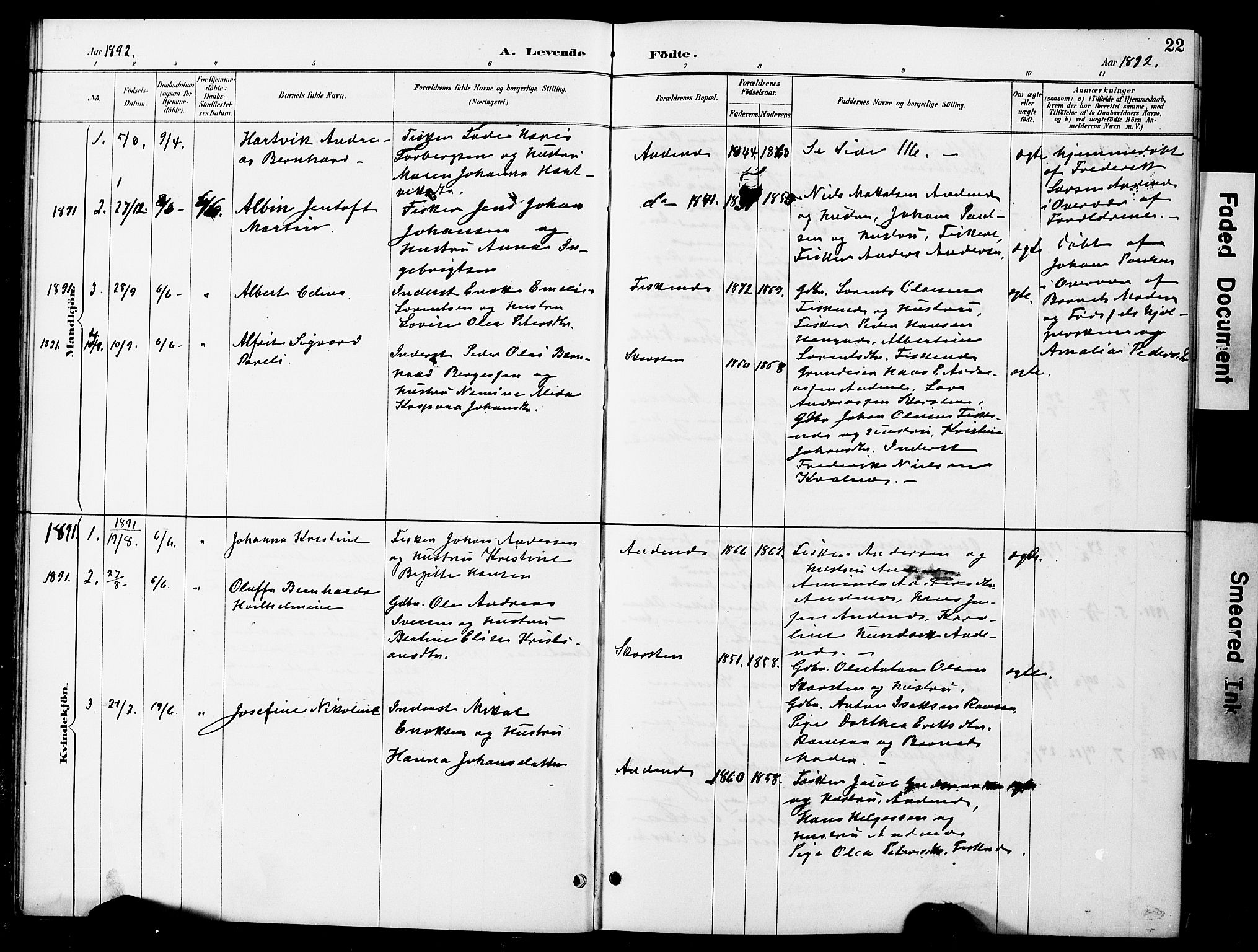 Ministerialprotokoller, klokkerbøker og fødselsregistre - Nordland, AV/SAT-A-1459/899/L1448: Parish register (copy) no. 899C03, 1887-1902, p. 22