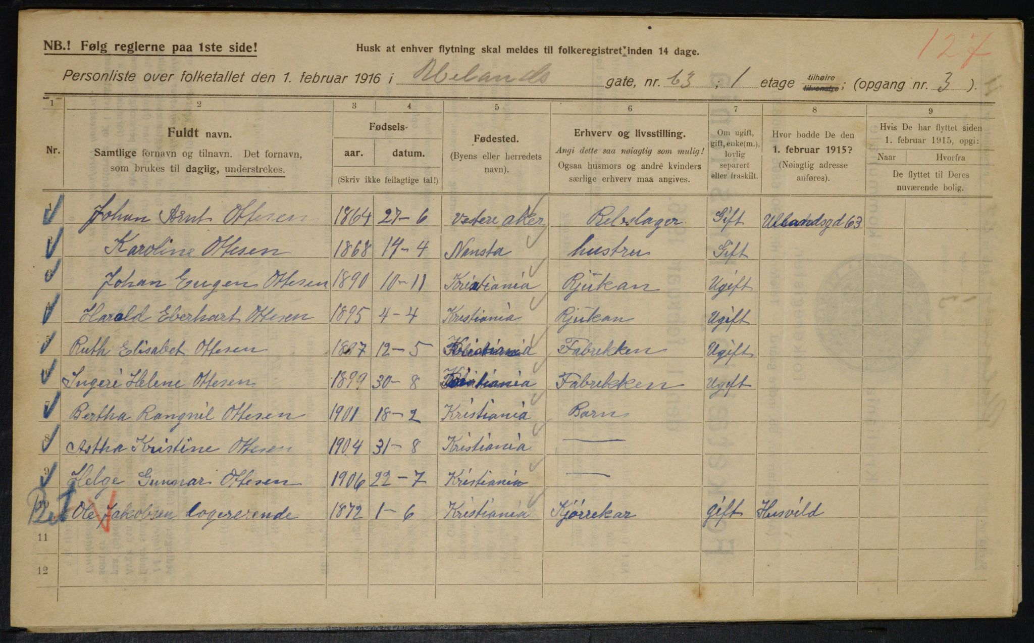 OBA, Municipal Census 1916 for Kristiania, 1916, p. 122123