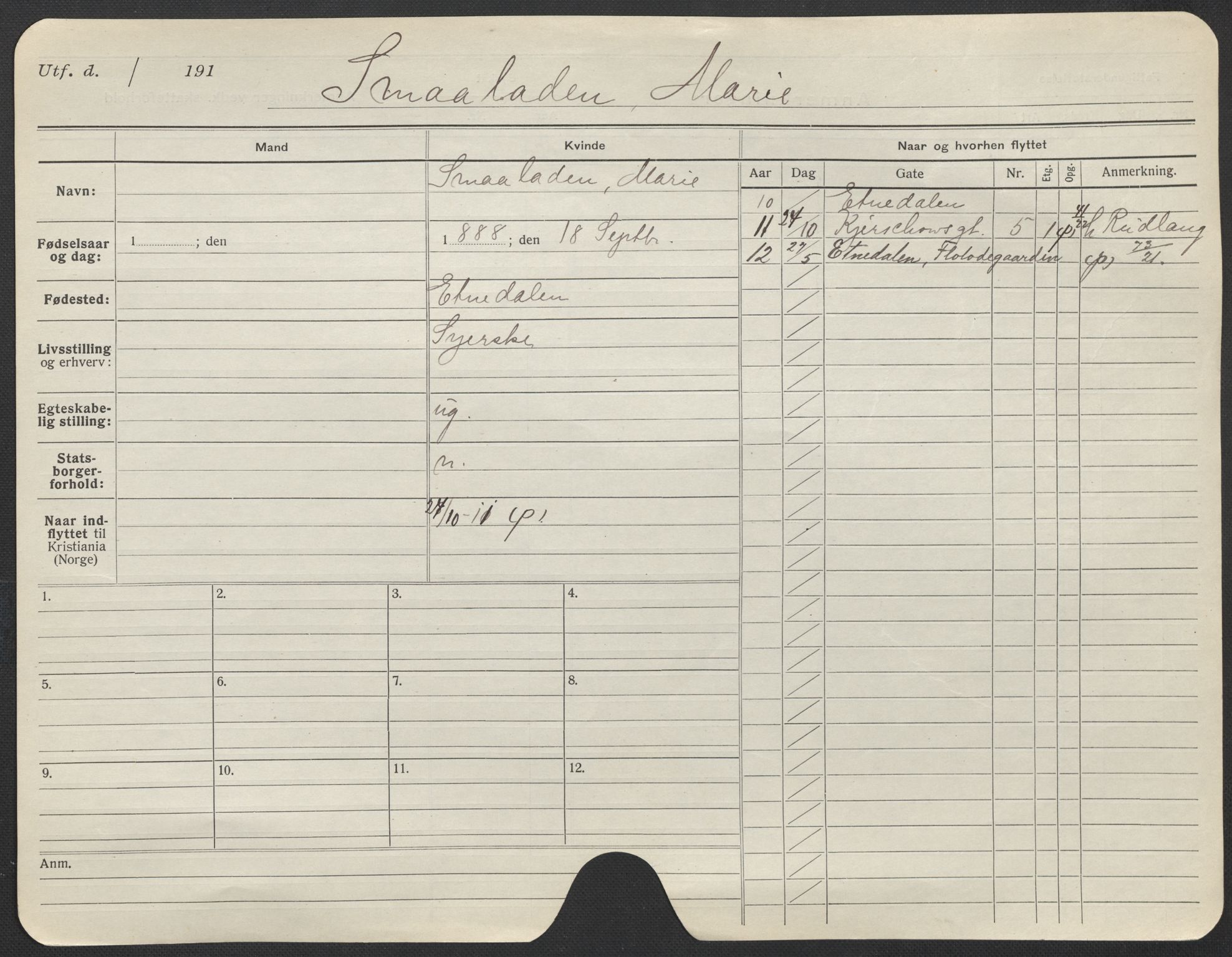 Oslo folkeregister, Registerkort, AV/SAO-A-11715/F/Fa/Fac/L0024: Kvinner, 1906-1914, p. 20a