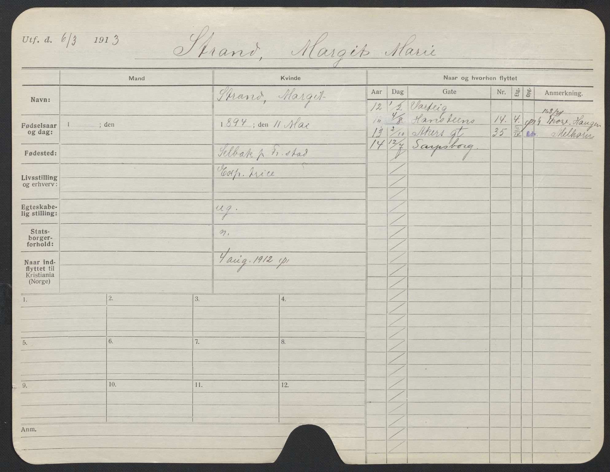 Oslo folkeregister, Registerkort, AV/SAO-A-11715/F/Fa/Fac/L0024: Kvinner, 1906-1914, p. 398a