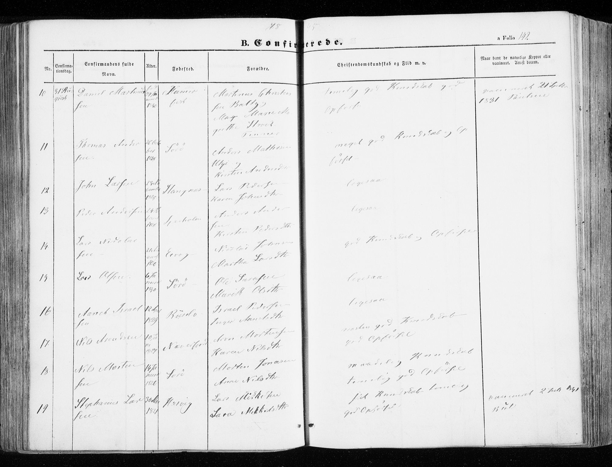 Hammerfest sokneprestkontor, AV/SATØ-S-1347/H/Ha/L0004.kirke: Parish register (official) no. 4, 1843-1856, p. 142