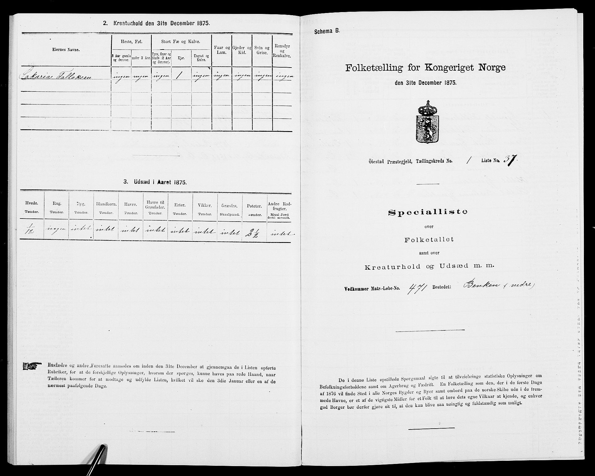 SAK, 1875 census for 0920P Øyestad, 1875, p. 130