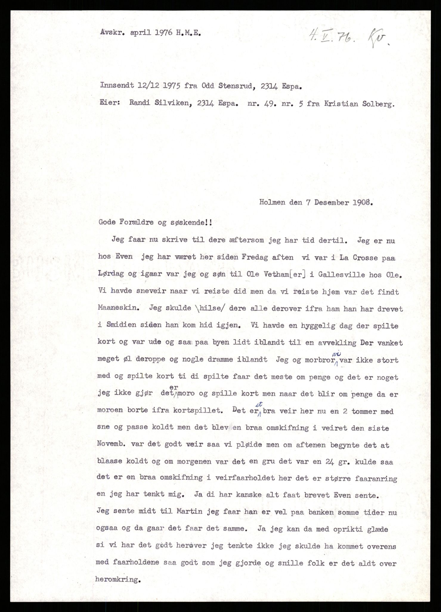 Samlinger til kildeutgivelse, Amerikabrevene, RA/EA-4057/F/L0009: Innlån fra Hedmark: Statsarkivet i Hamar - Wærenskjold, 1838-1914, p. 490