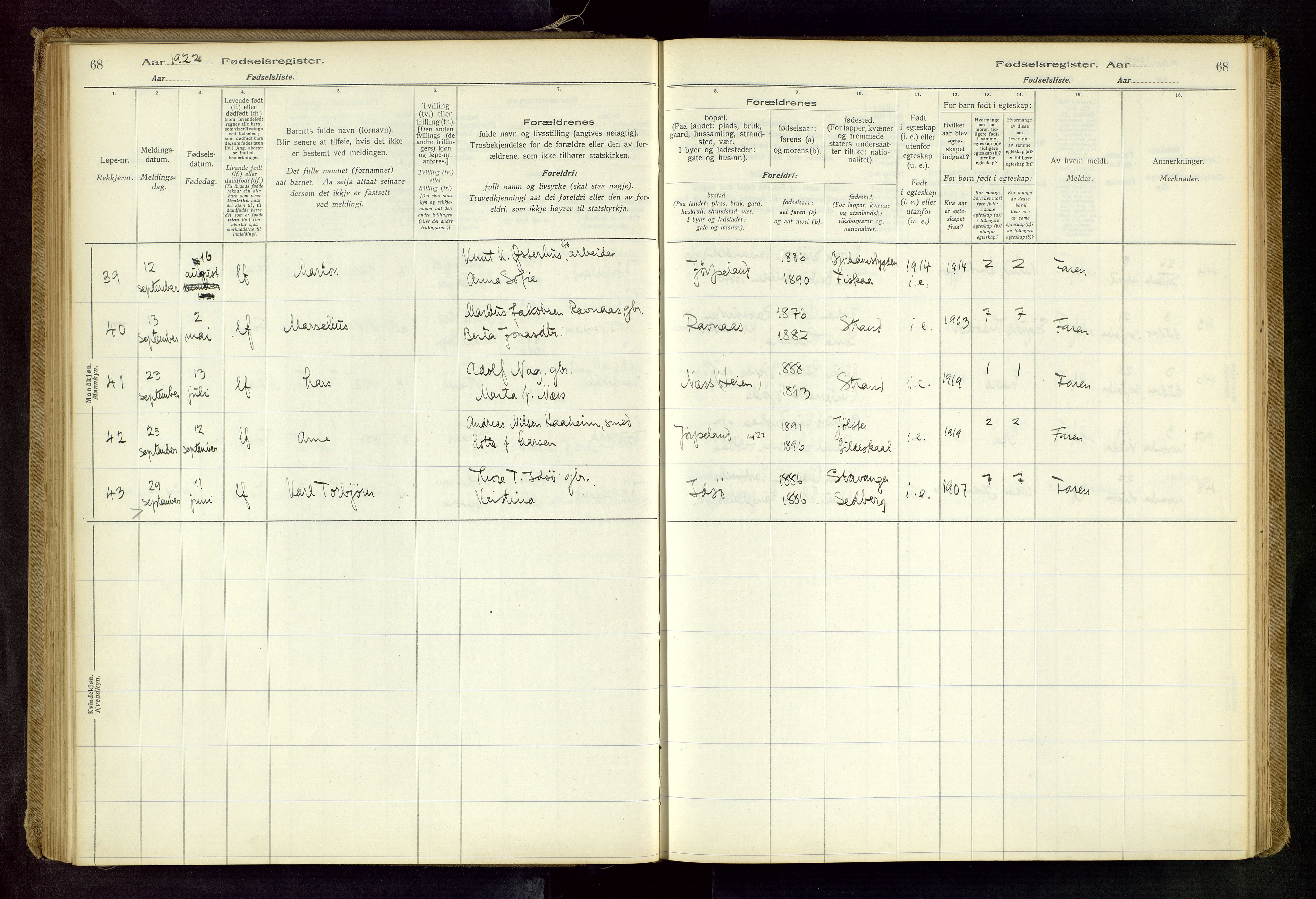 Strand sokneprestkontor, AV/SAST-A-101828/I/Id/L0001: Birth register no. 1, 1916-1938, p. 68