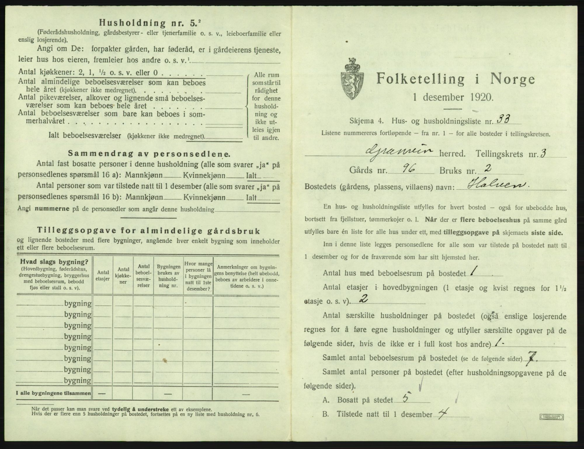 SAB, 1920 census for Granvin, 1920, p. 224