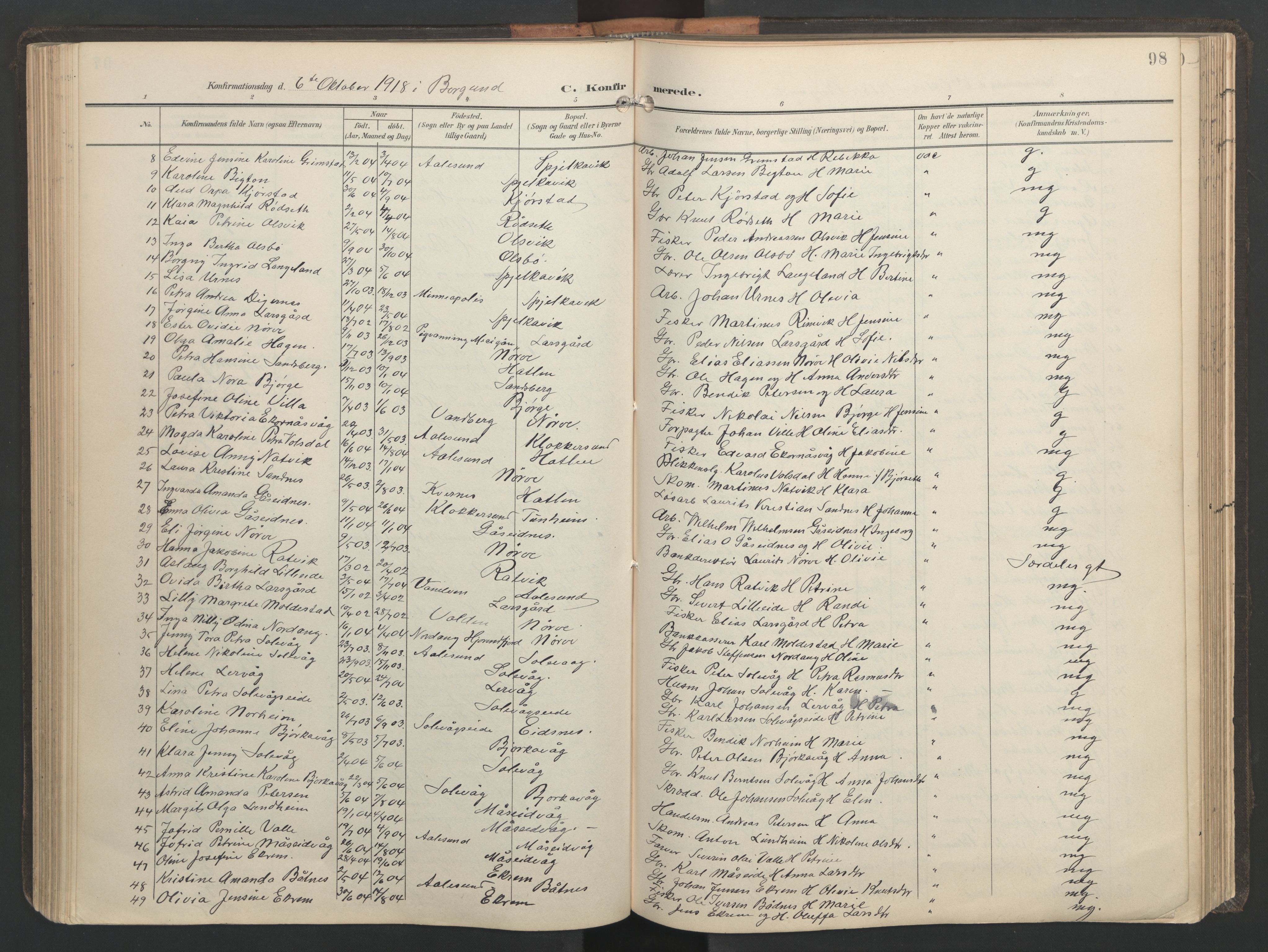 Ministerialprotokoller, klokkerbøker og fødselsregistre - Møre og Romsdal, AV/SAT-A-1454/528/L0433: Parish register (copy) no. 528C14, 1899-1922, p. 98