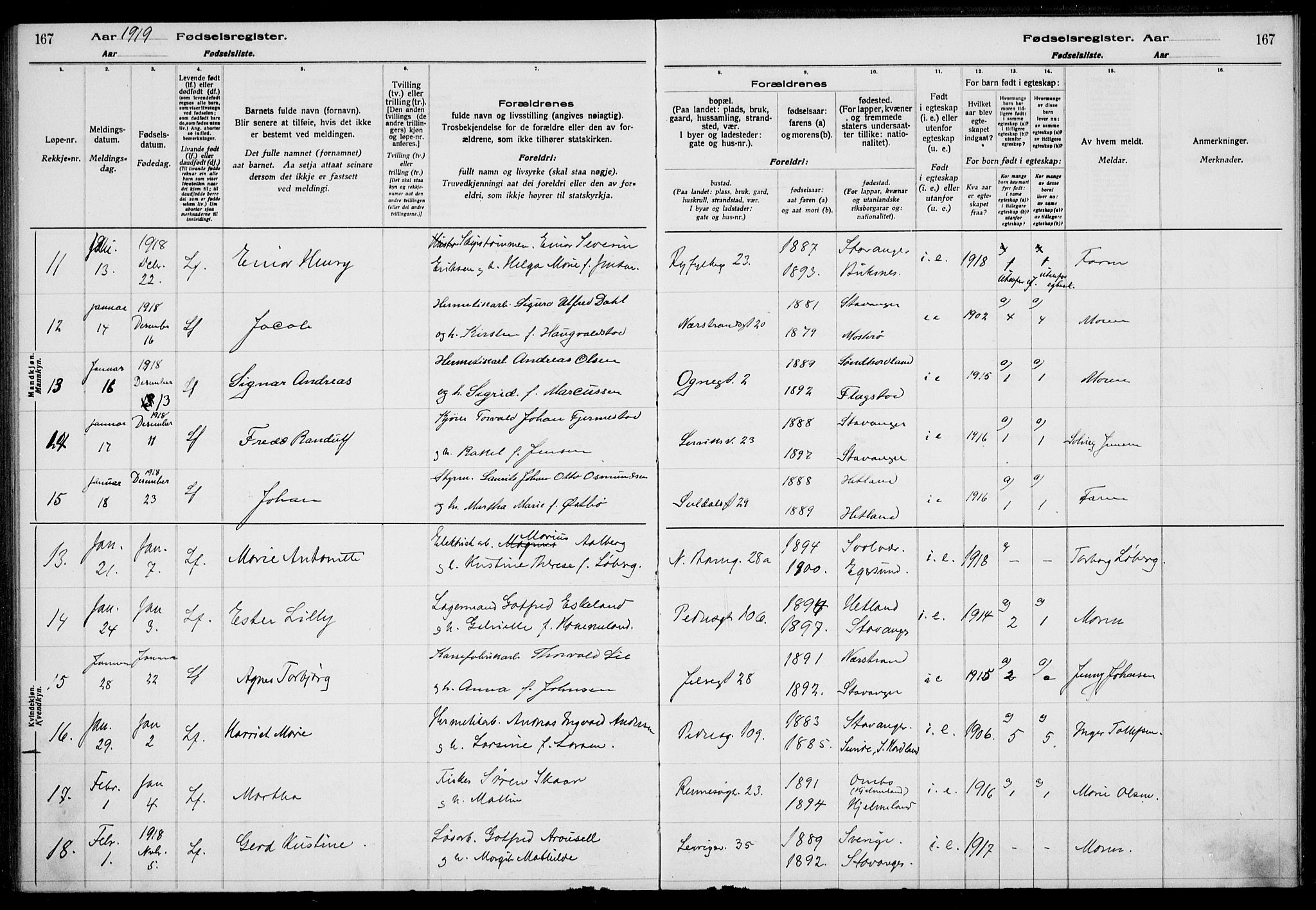 St. Johannes sokneprestkontor, AV/SAST-A-101814/002/A/L0001: Birth register no. 1, 1916-1919, p. 167