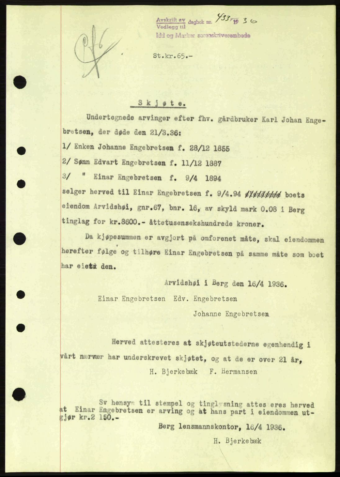 Idd og Marker sorenskriveri, AV/SAO-A-10283/G/Gb/Gbb/L0001: Mortgage book no. A1, 1936-1937, Diary no: : 433/1936