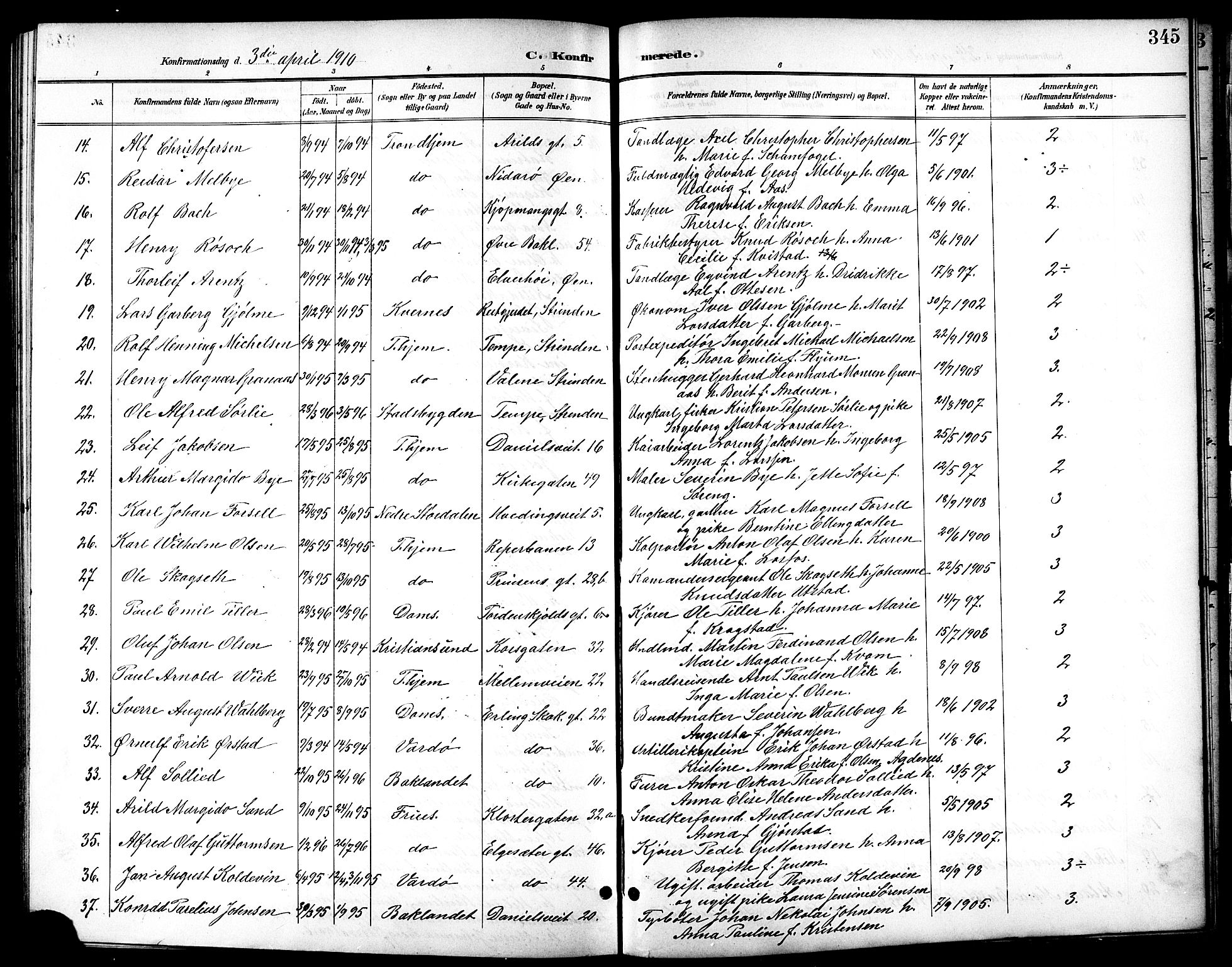 Ministerialprotokoller, klokkerbøker og fødselsregistre - Sør-Trøndelag, SAT/A-1456/601/L0094: Parish register (copy) no. 601C12, 1898-1911, p. 345