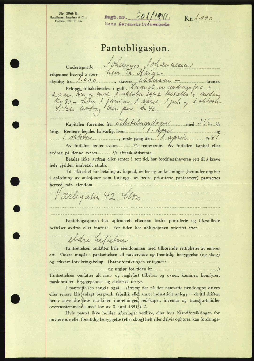 Moss sorenskriveri, SAO/A-10168: Mortgage book no. B10, 1940-1941, Diary no: : 201/1941