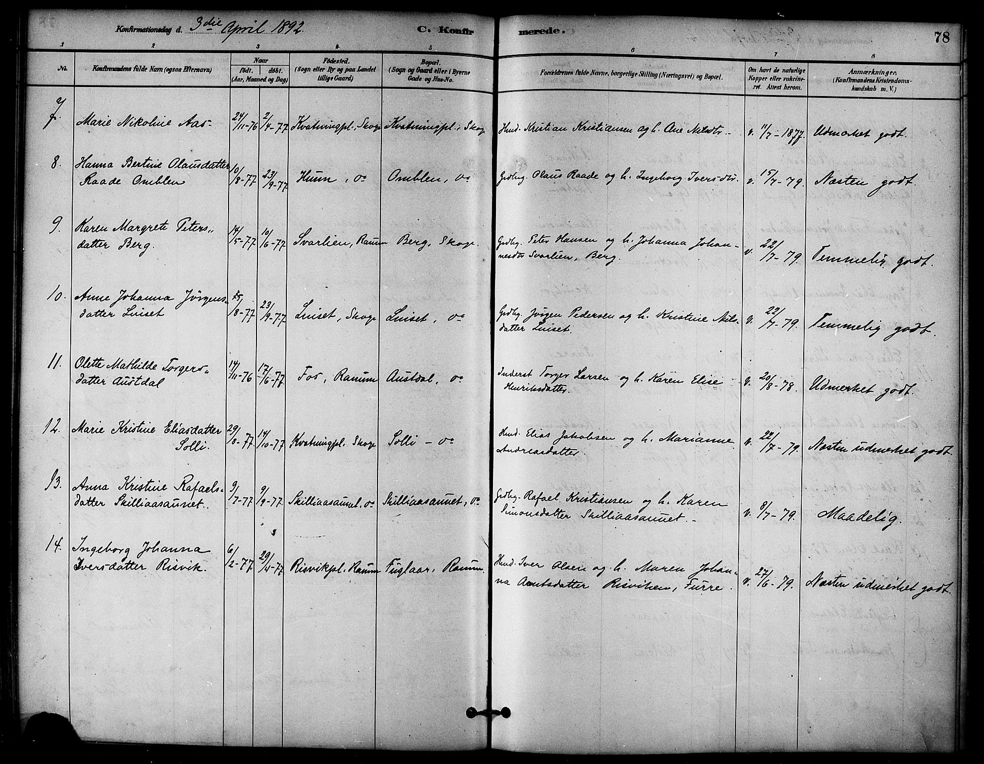 Ministerialprotokoller, klokkerbøker og fødselsregistre - Nord-Trøndelag, AV/SAT-A-1458/766/L0563: Parish register (official) no. 767A01, 1881-1899, p. 78