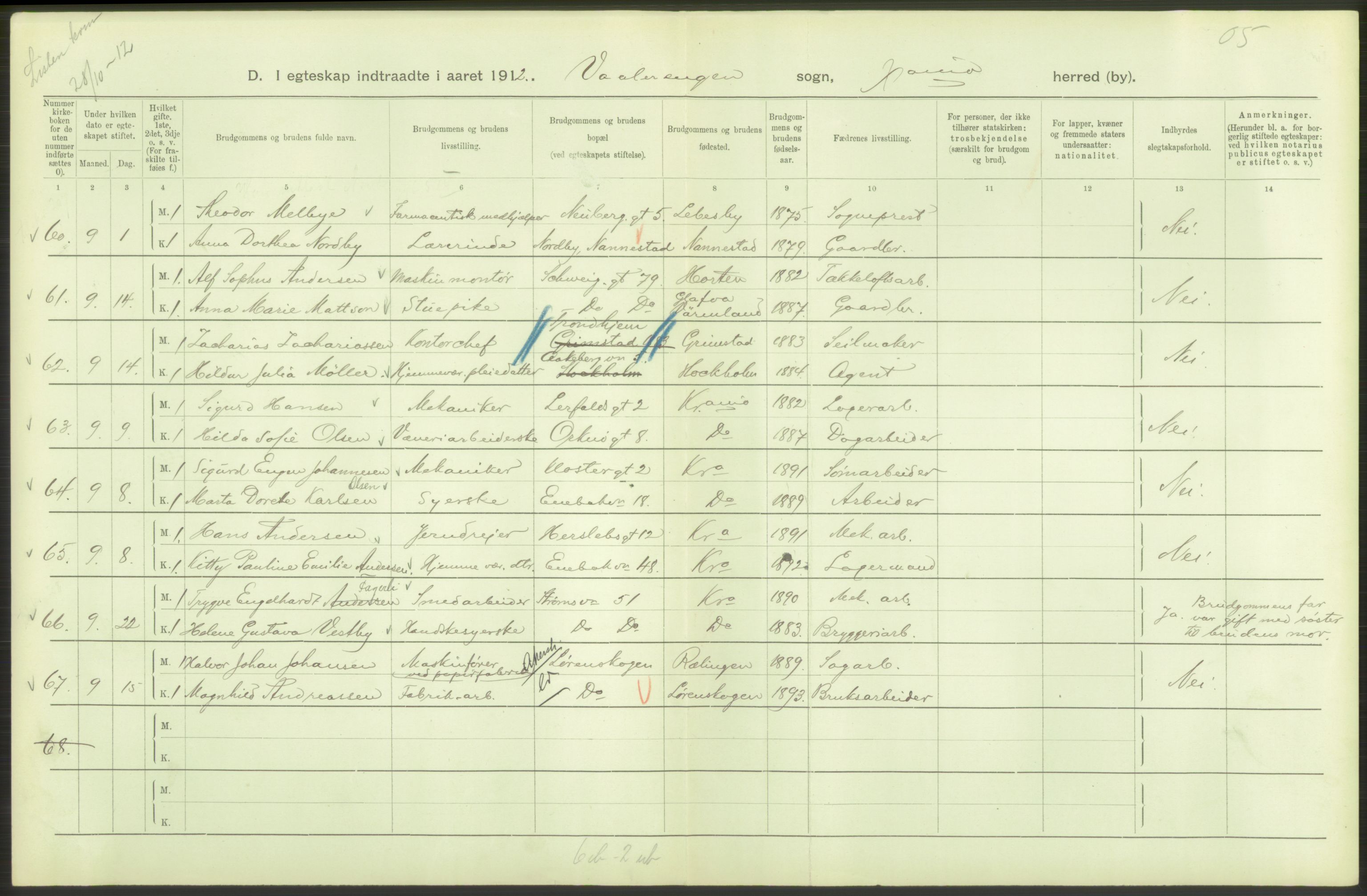 Statistisk sentralbyrå, Sosiodemografiske emner, Befolkning, AV/RA-S-2228/D/Df/Dfb/Dfbb/L0008: Kristiania: Gifte, 1912, p. 124