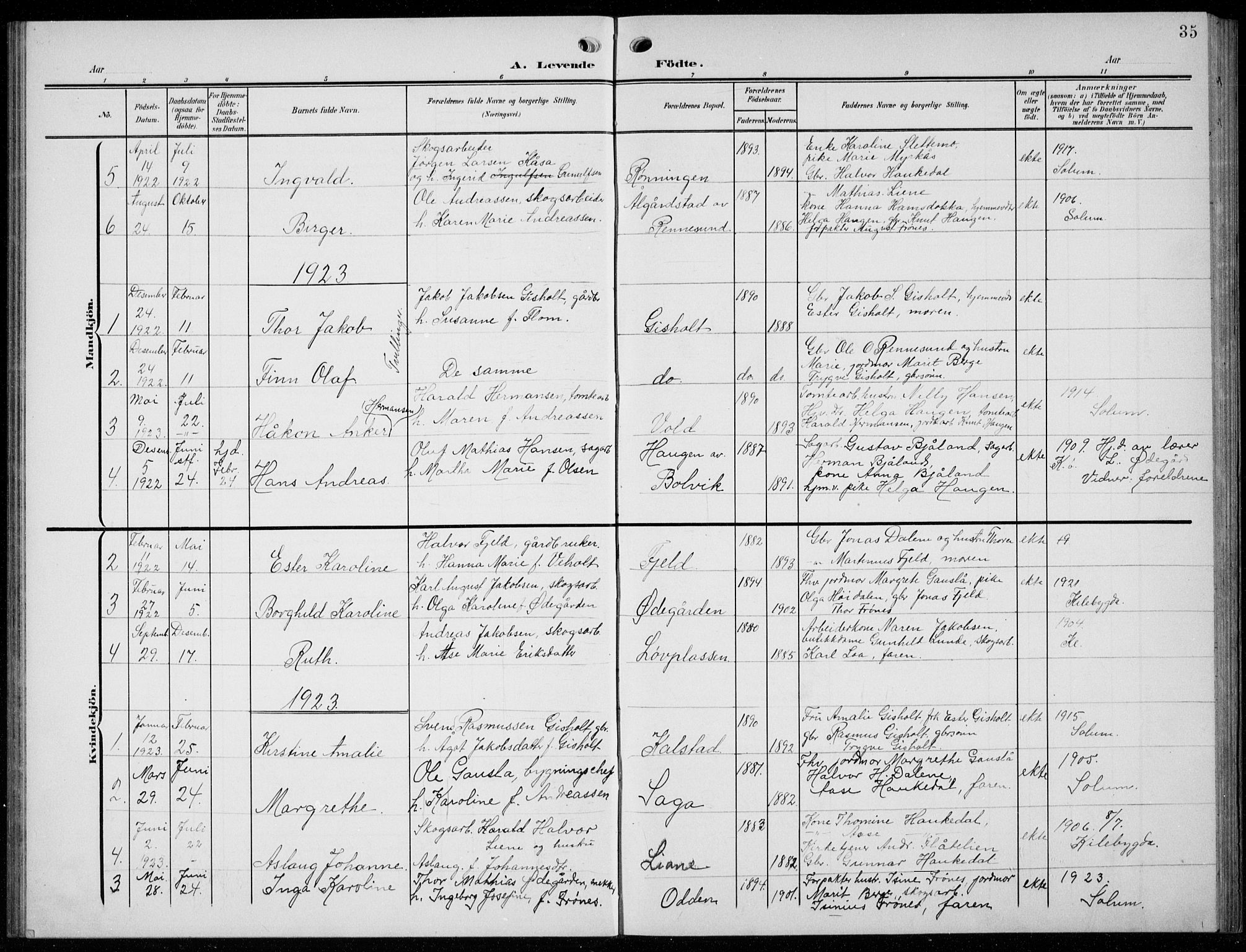 Solum kirkebøker, AV/SAKO-A-306/G/Gc/L0002: Parish register (copy) no. III 2, 1902-1934, p. 35