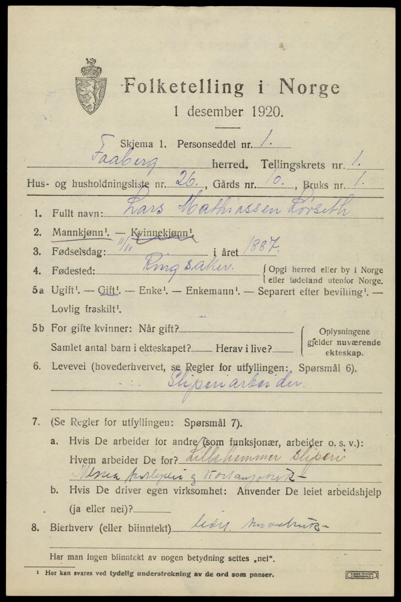 SAH, 1920 census for Fåberg, 1920, p. 2590