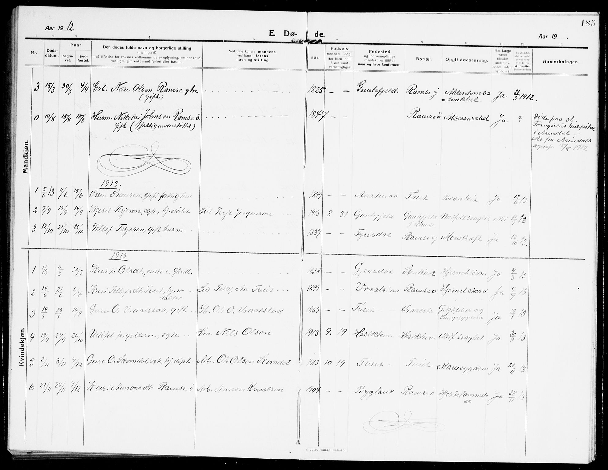 Åmli sokneprestkontor, AV/SAK-1111-0050/F/Fb/Fbb/L0003: Parish register (copy) no. B 3, 1906-1941, p. 185