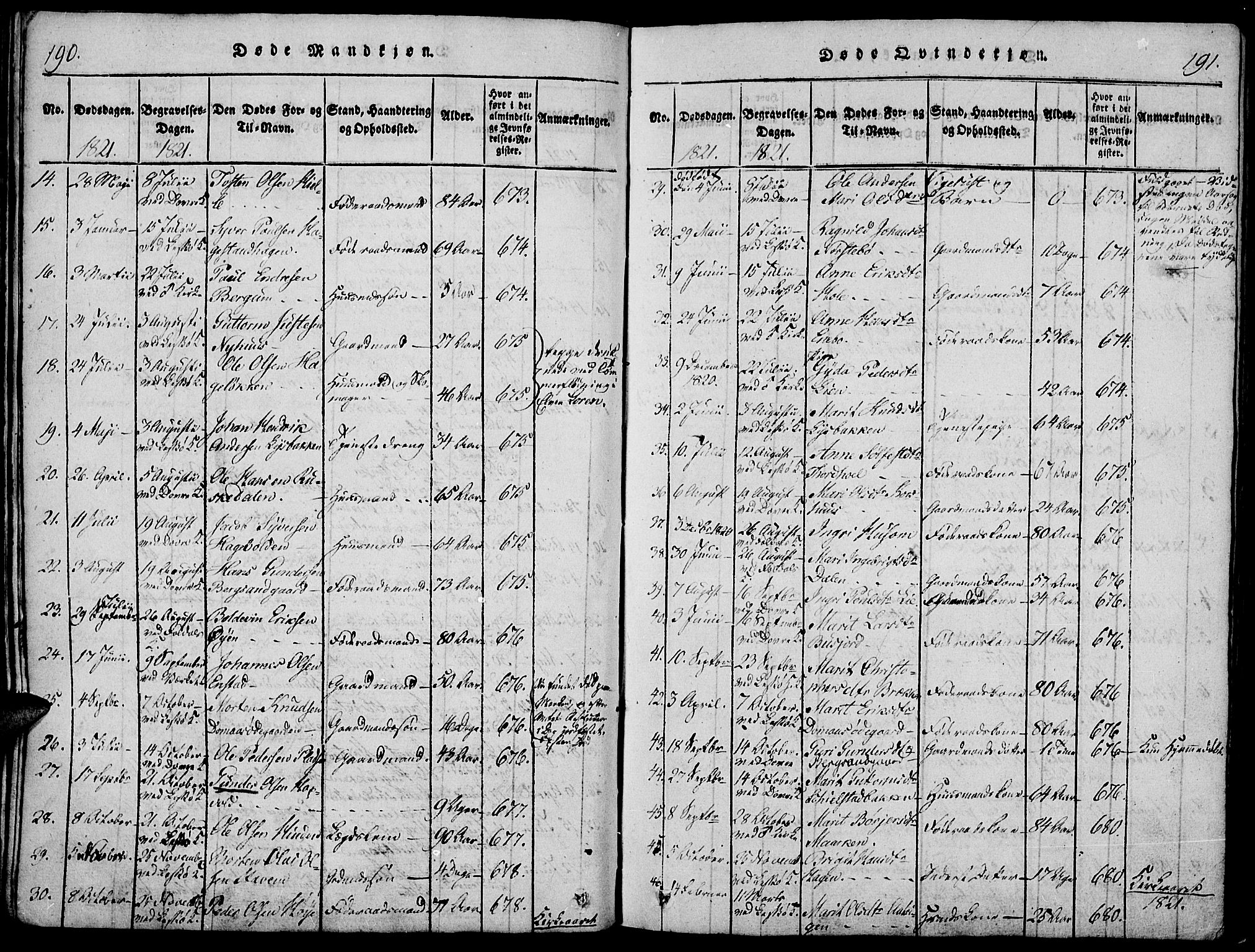Lesja prestekontor, SAH/PREST-068/H/Ha/Haa/L0004: Parish register (official) no. 4, 1820-1829, p. 190-191