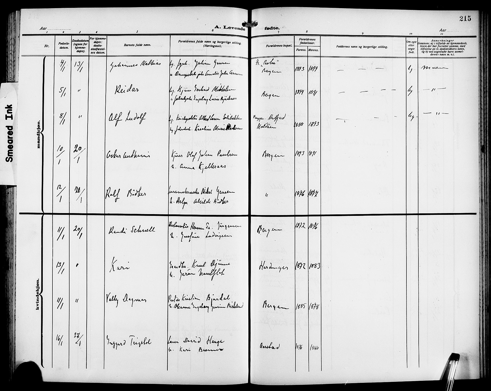 Fødselsstiftelsens sokneprestembete*, SAB/-: Parish register (copy) no. A 2, 1909-1916, p. 215