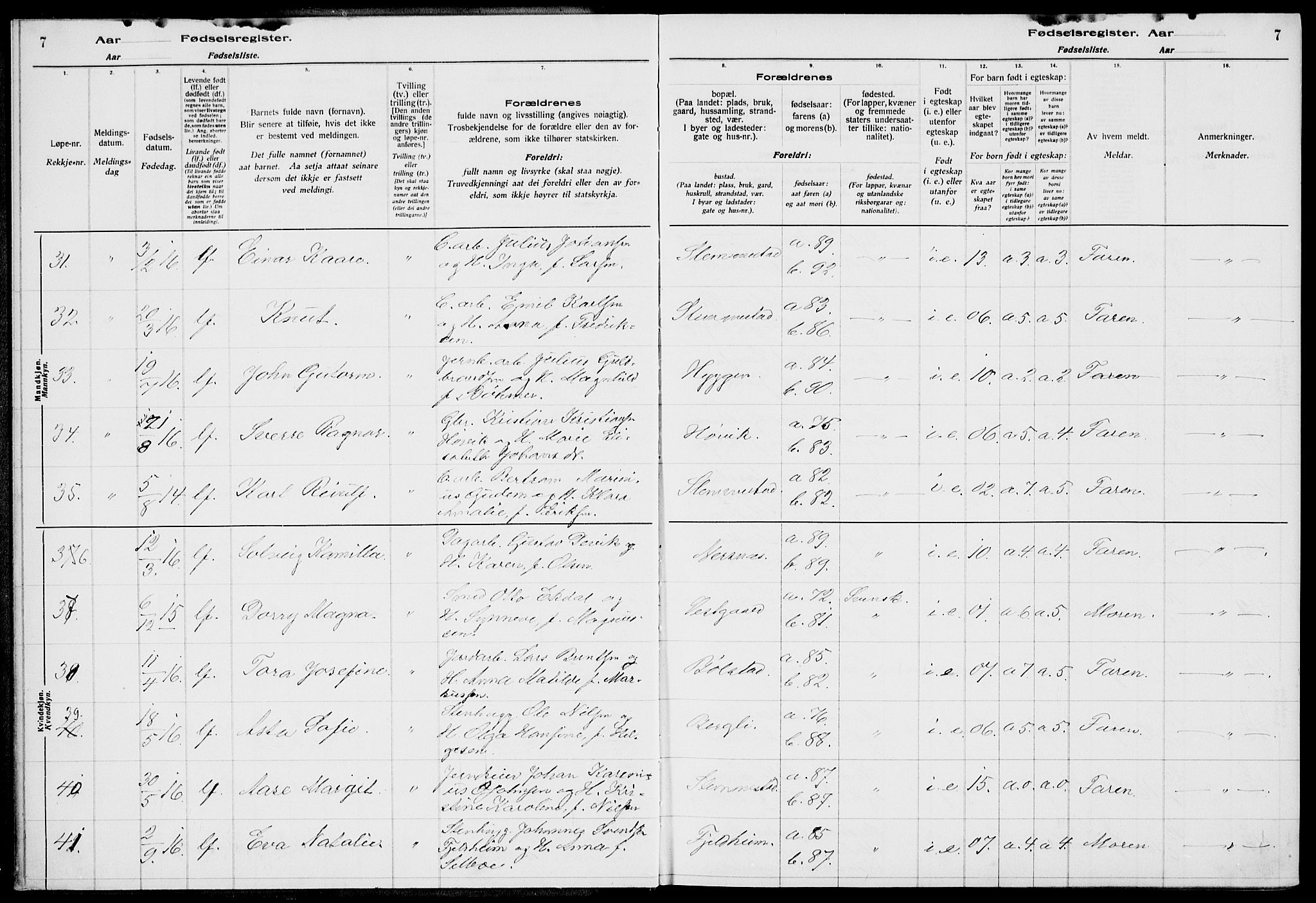 Røyken kirkebøker, AV/SAKO-A-241/J/Ja/L0001: Birth register no. 1, 1916-1927, p. 7