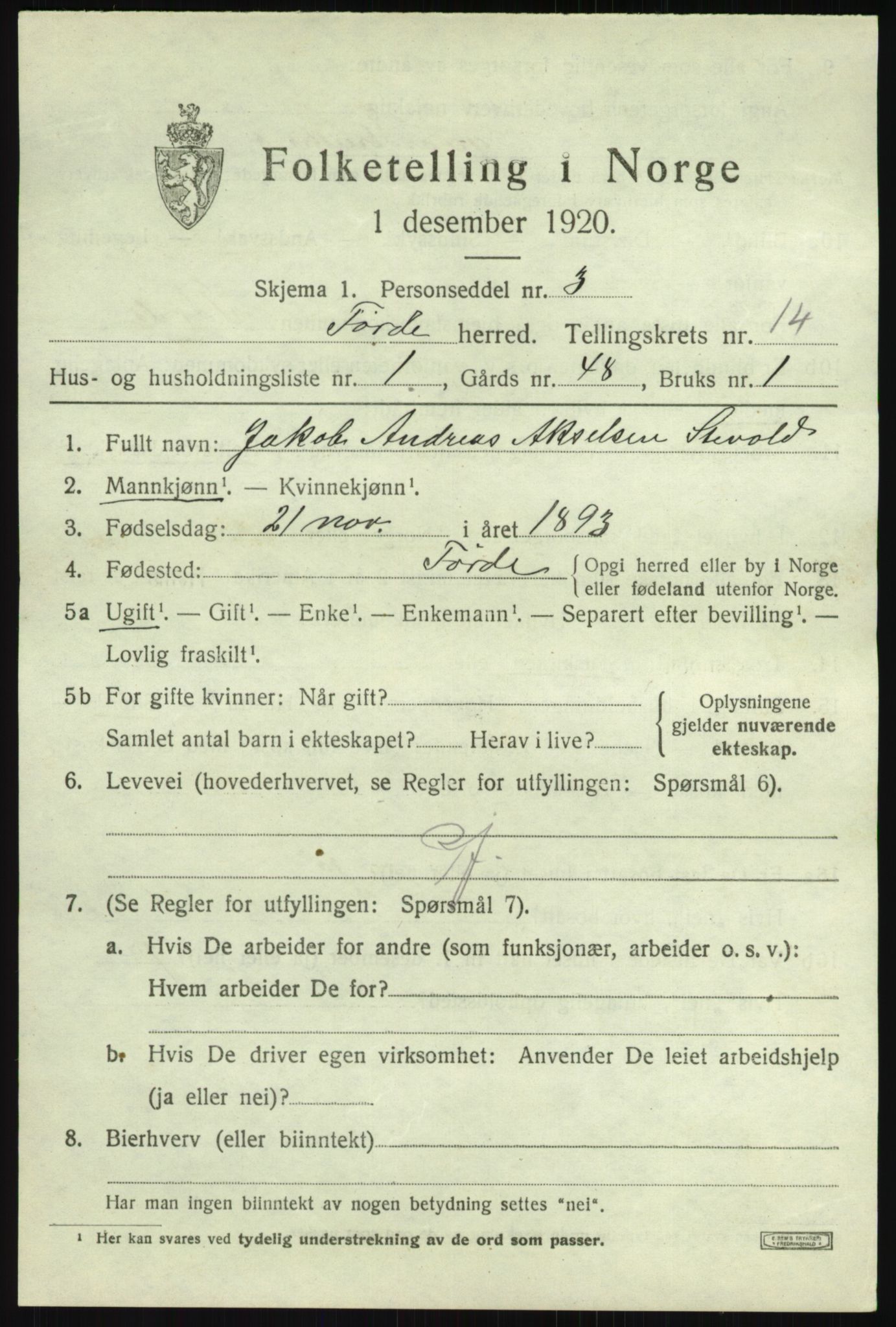 SAB, 1920 census for Førde, 1920, p. 4866