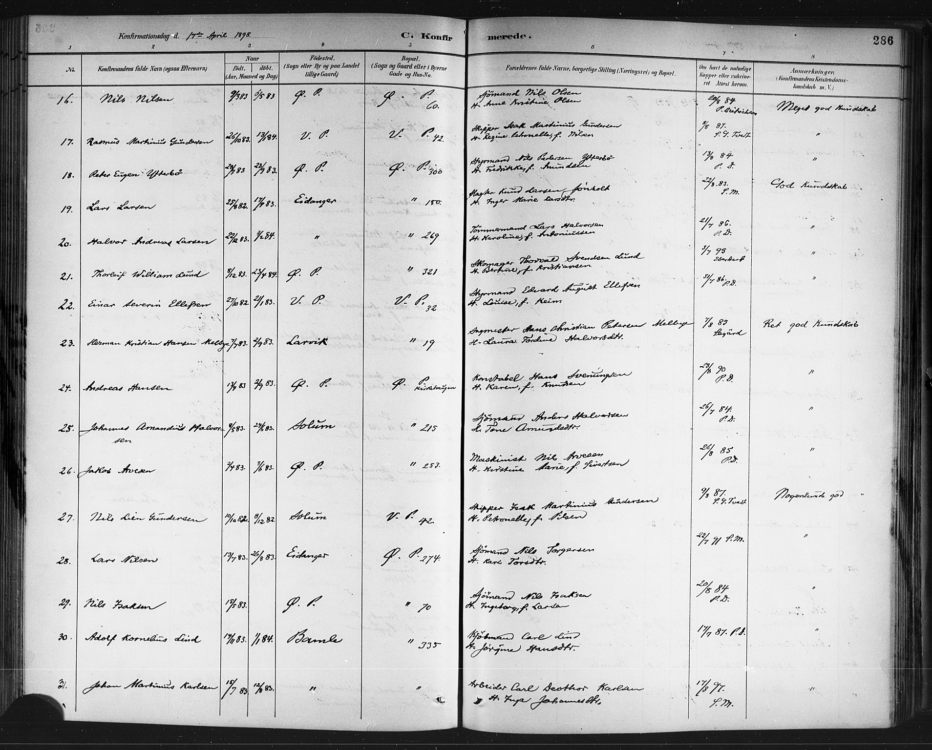 Porsgrunn kirkebøker , AV/SAKO-A-104/G/Gb/L0005: Parish register (copy) no. II 5, 1883-1915, p. 286