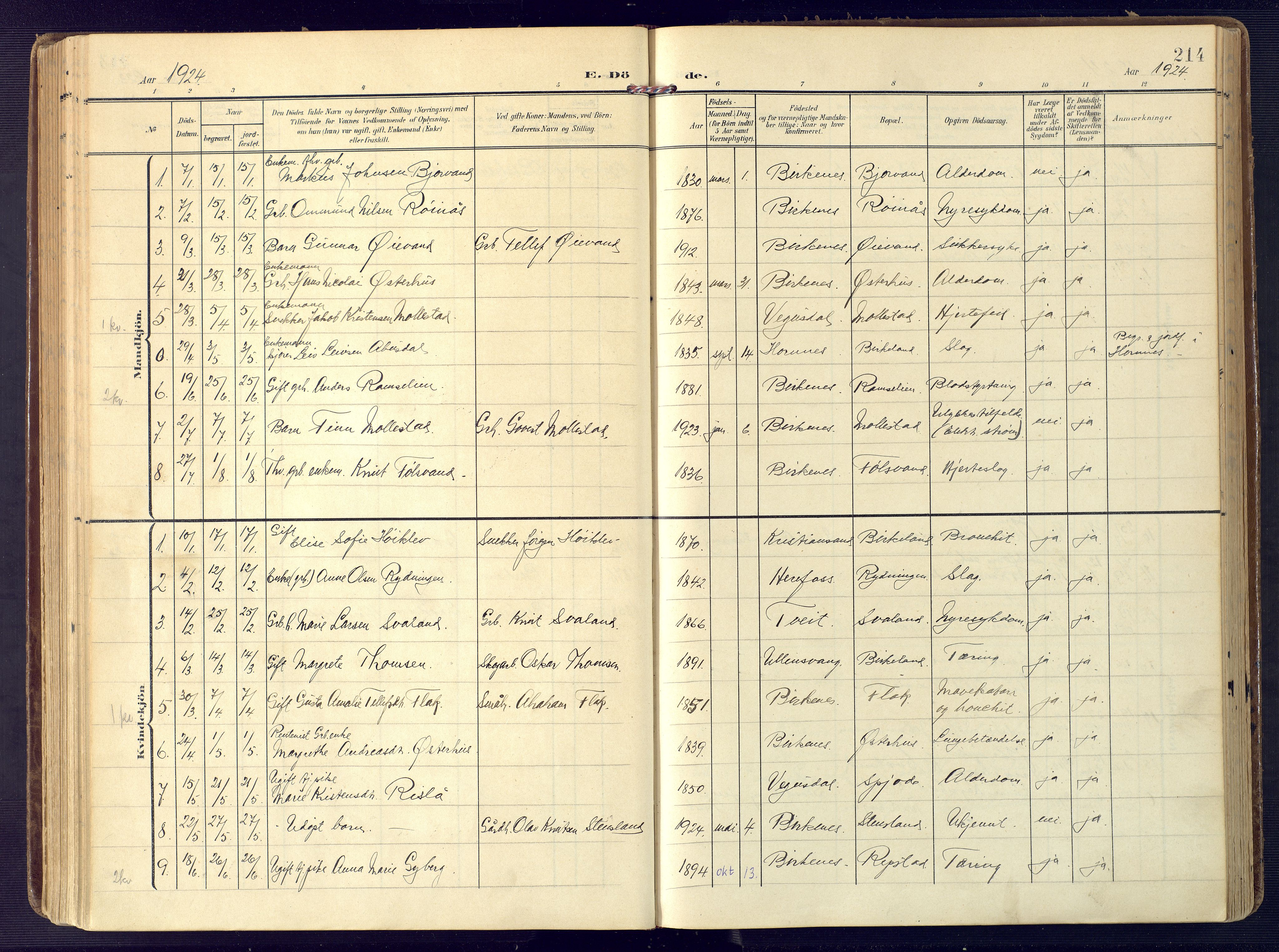 Birkenes sokneprestkontor, SAK/1111-0004/F/Fa/L0006: Parish register (official) no. A 6, 1908-1932, p. 214