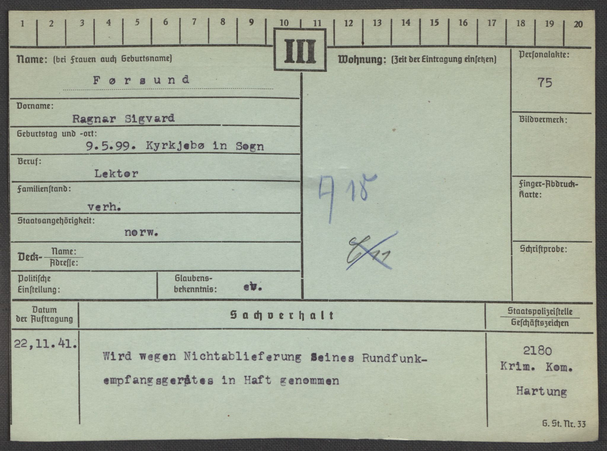 Befehlshaber der Sicherheitspolizei und des SD, AV/RA-RAFA-5969/E/Ea/Eaa/L0003: Register over norske fanger i Møllergata 19: Eng-Hag, 1940-1945, p. 695