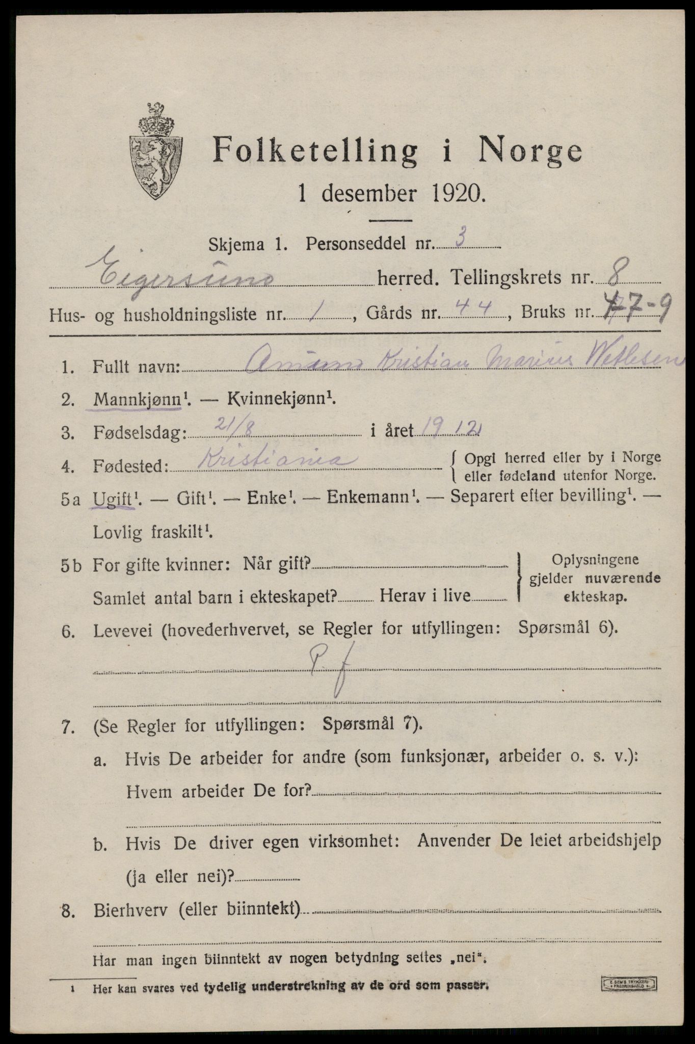 SAST, 1920 census for Eigersund, 1920, p. 5055