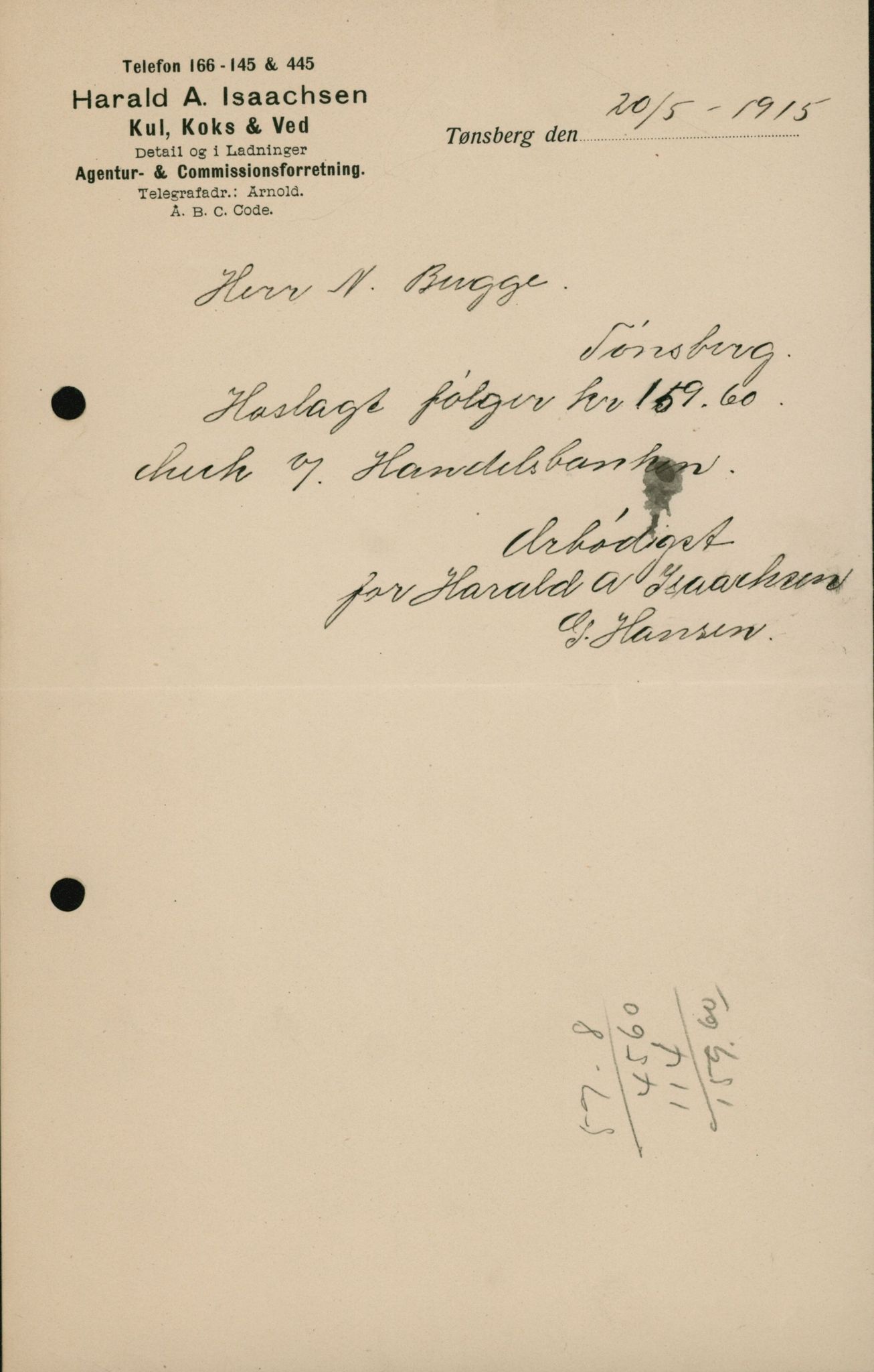 Pa 664 - Tønsberg Sjøforsikringsselskap, VEMU/A-1773/D/Da/L0001: Mai - November
Oscar Aalborg, 1915