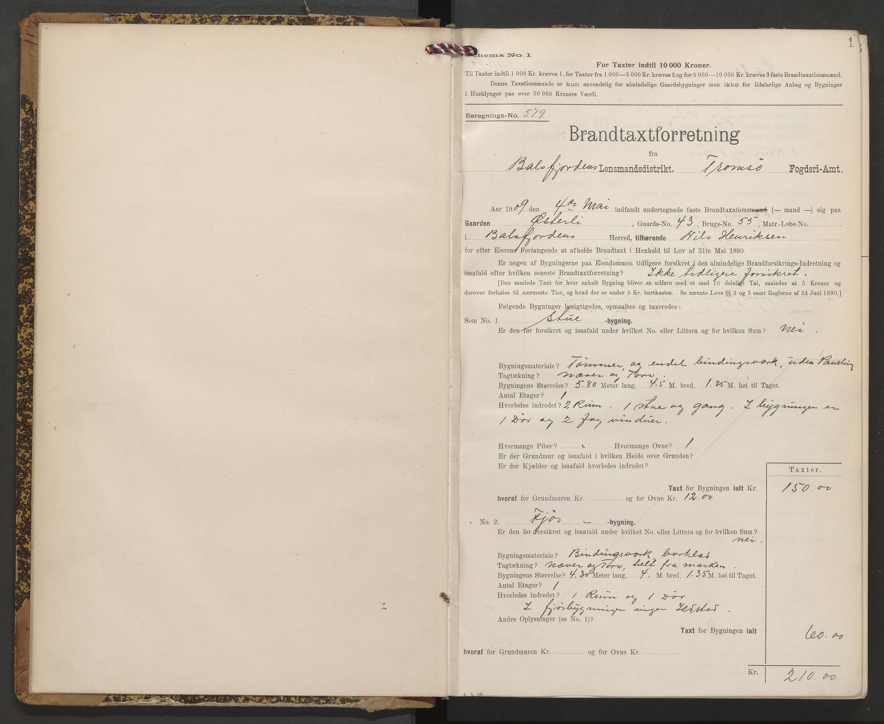 Lensmannen i Balsfjord, AV/SATØ-S-0085/Hf/Hfb/L0175: Branntakstprotokoller 1873-1962. Med register, 1909-1912