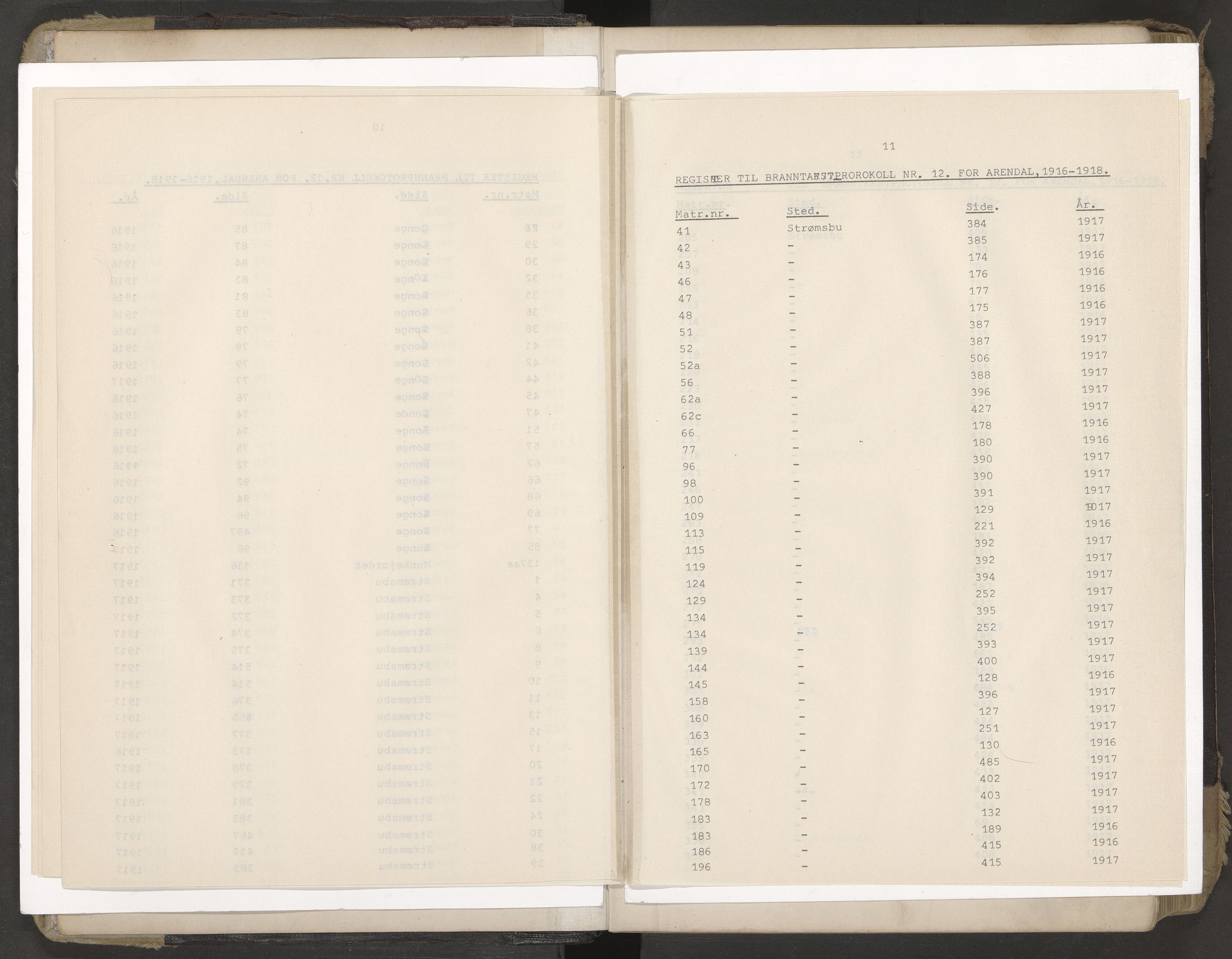 Norges Brannkasse Arendal, AV/SAK-2241-0002/F/Fa/L0029: Branntakstprotokoll nr. 27 med matrikkelnummerregister, 1916-1918